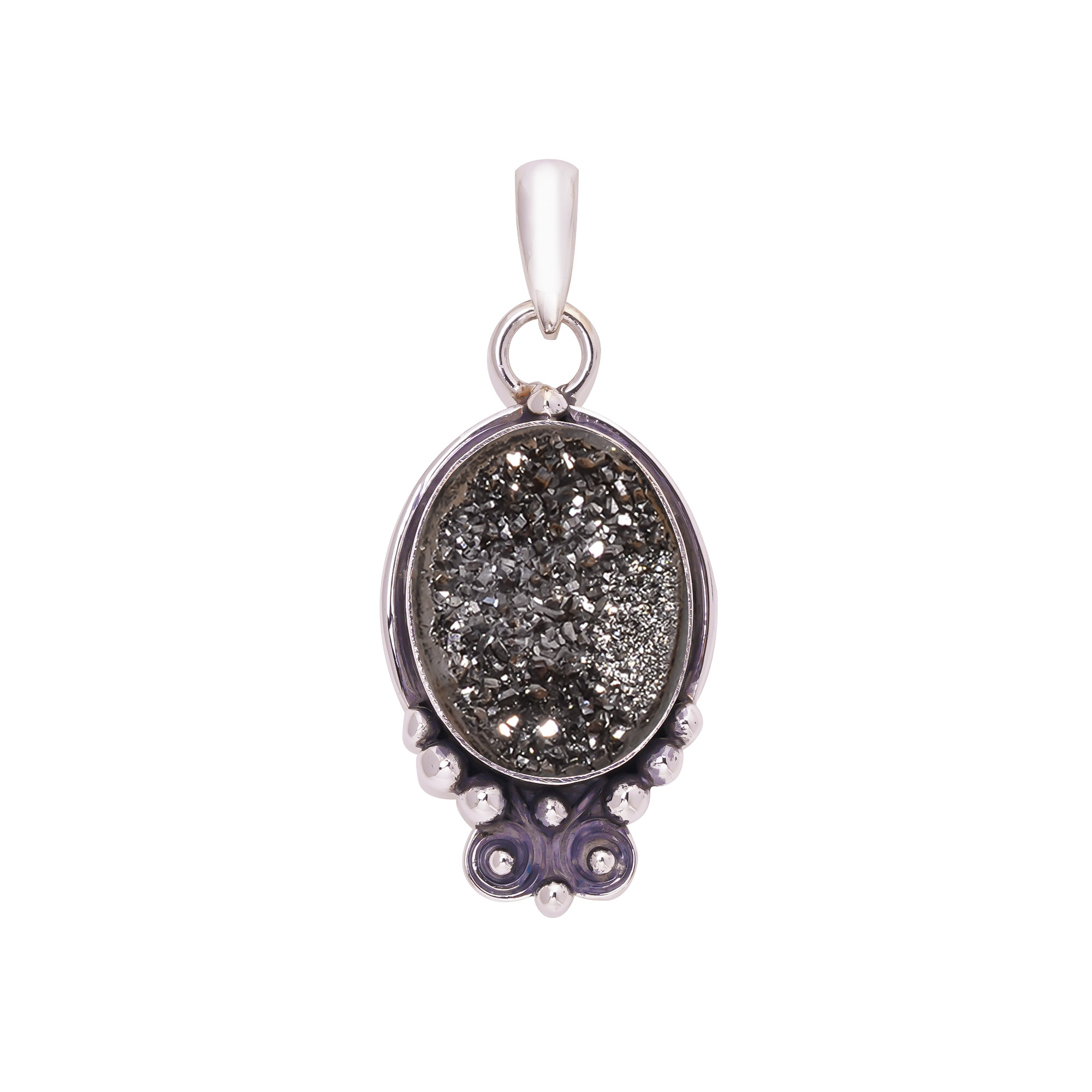 Black Titanium Agate Drusy 925 Solid Sterling Silver Pendant