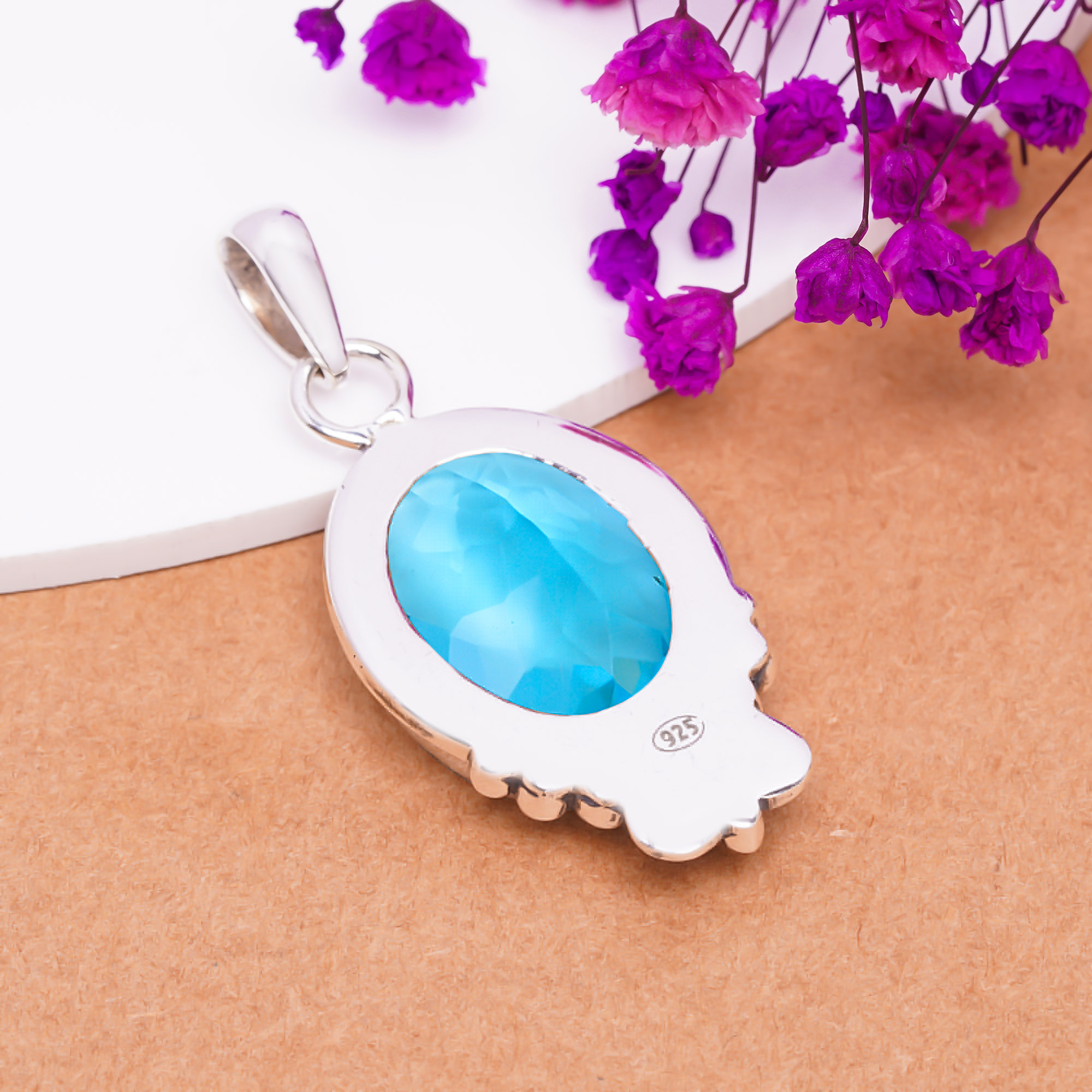 Blue Topaz - Simulated 925 Solid Sterling Silver Pendant