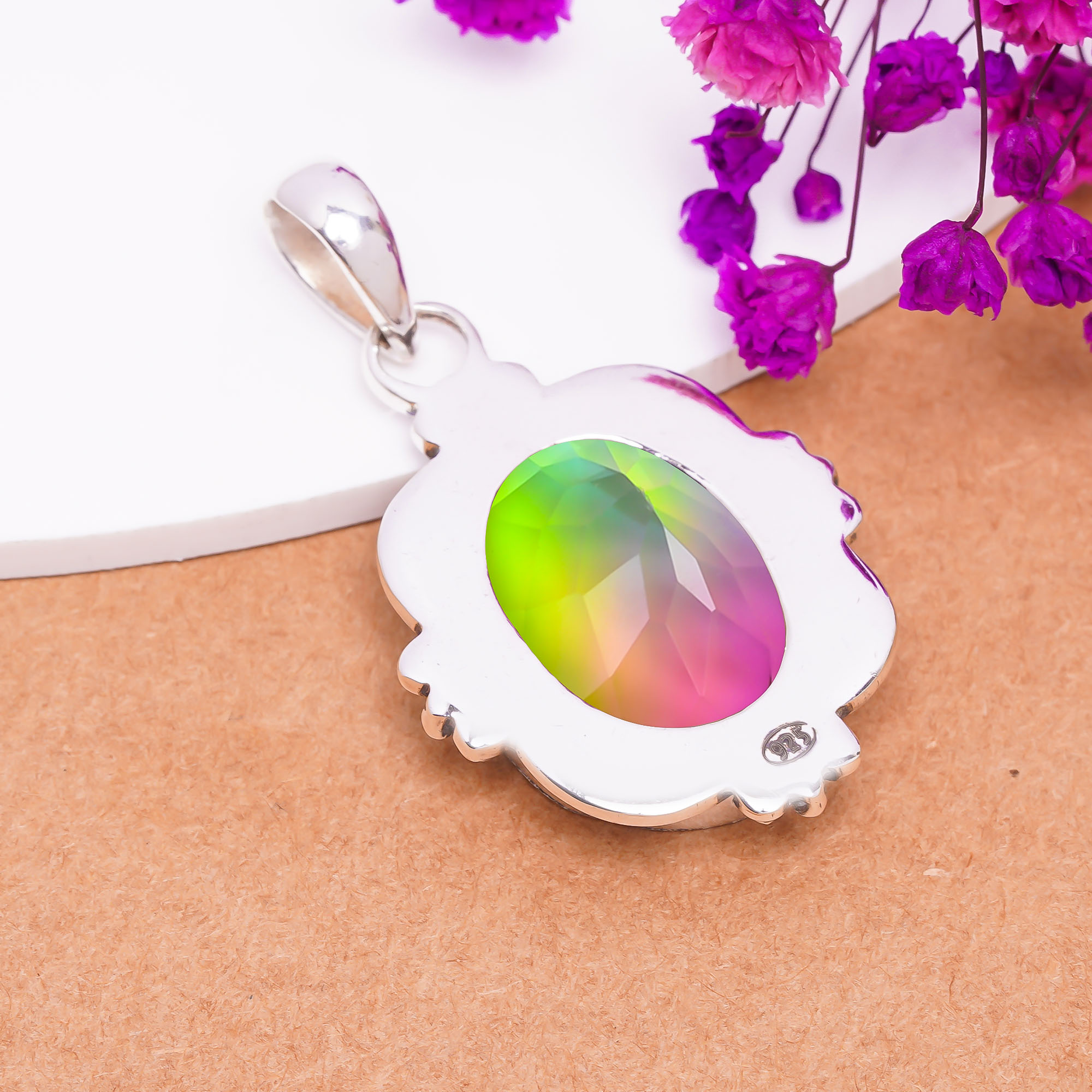 Bio Green Tourmaline - Simulated 925 Solid Sterling Silver Pendant