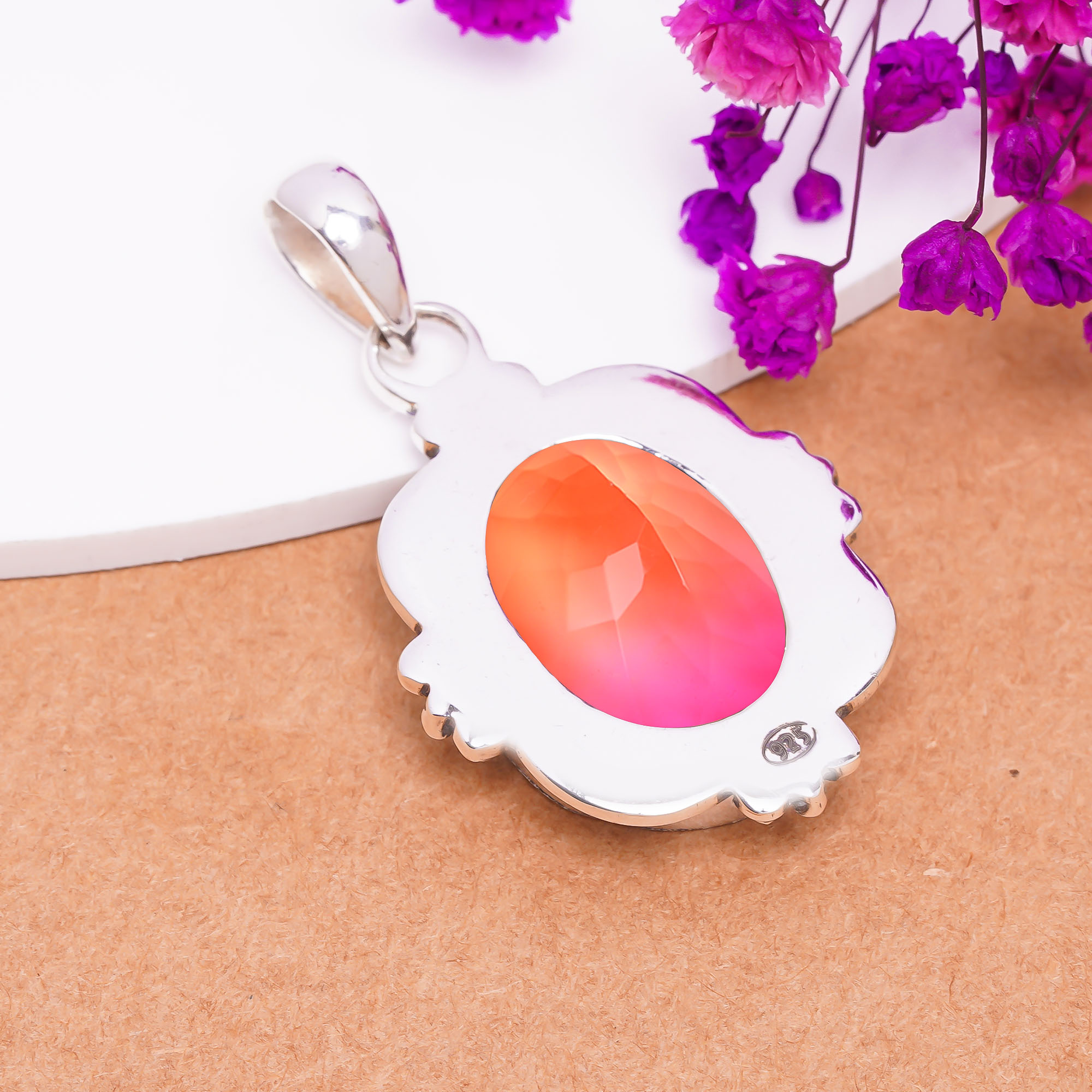 Bio Pink Rubellite Tourmaline - Simulated 925 Solid Sterling Silver Pendant