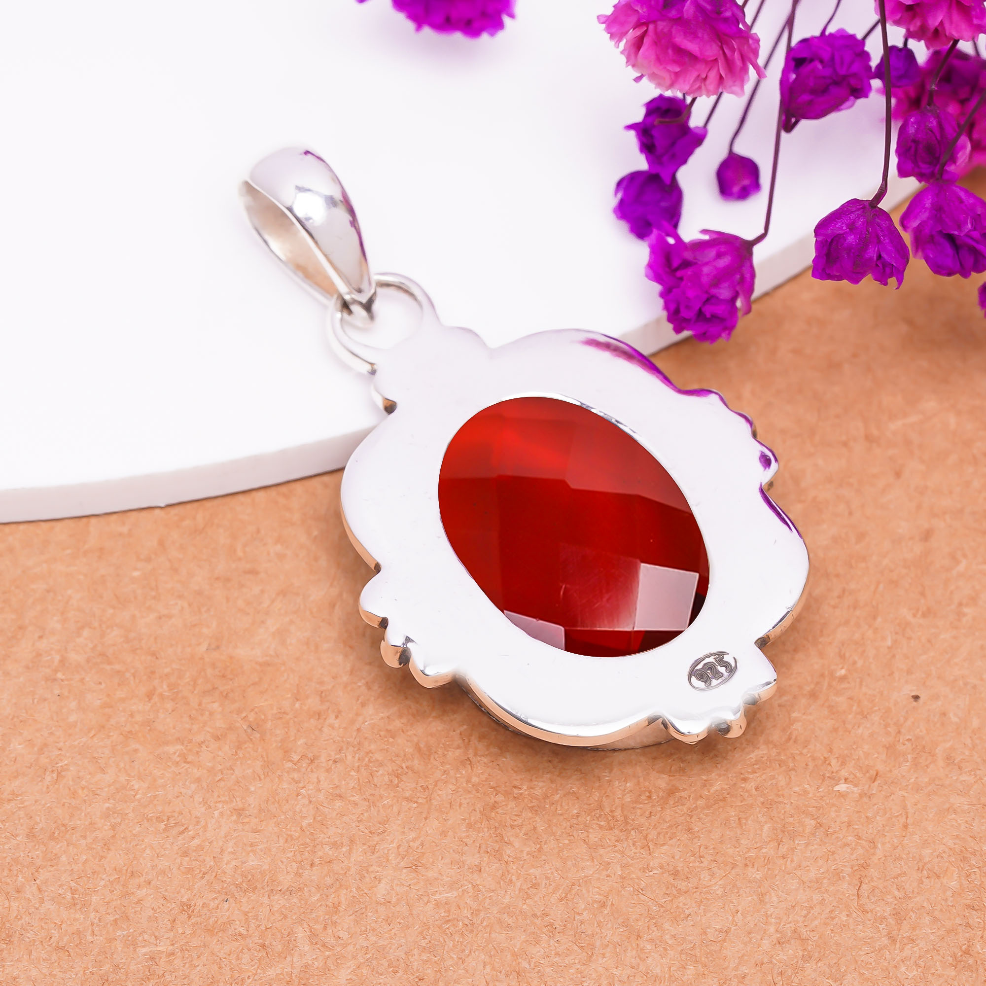 Red Garnet - Simulated 925 Solid Sterling Silver Pendant