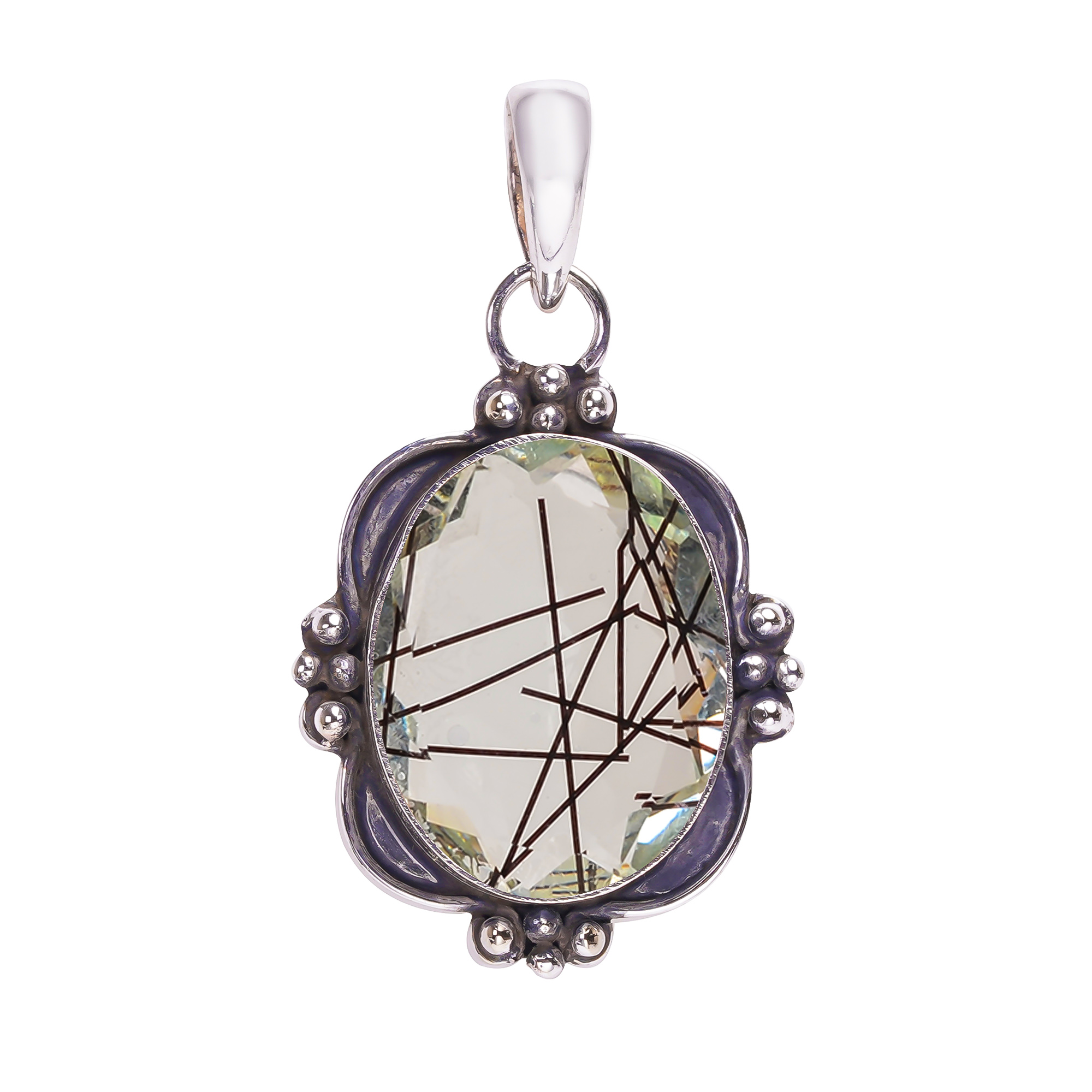 Black Rutilated Quartz - Simulated 925 Solid Sterling Silver Pendant