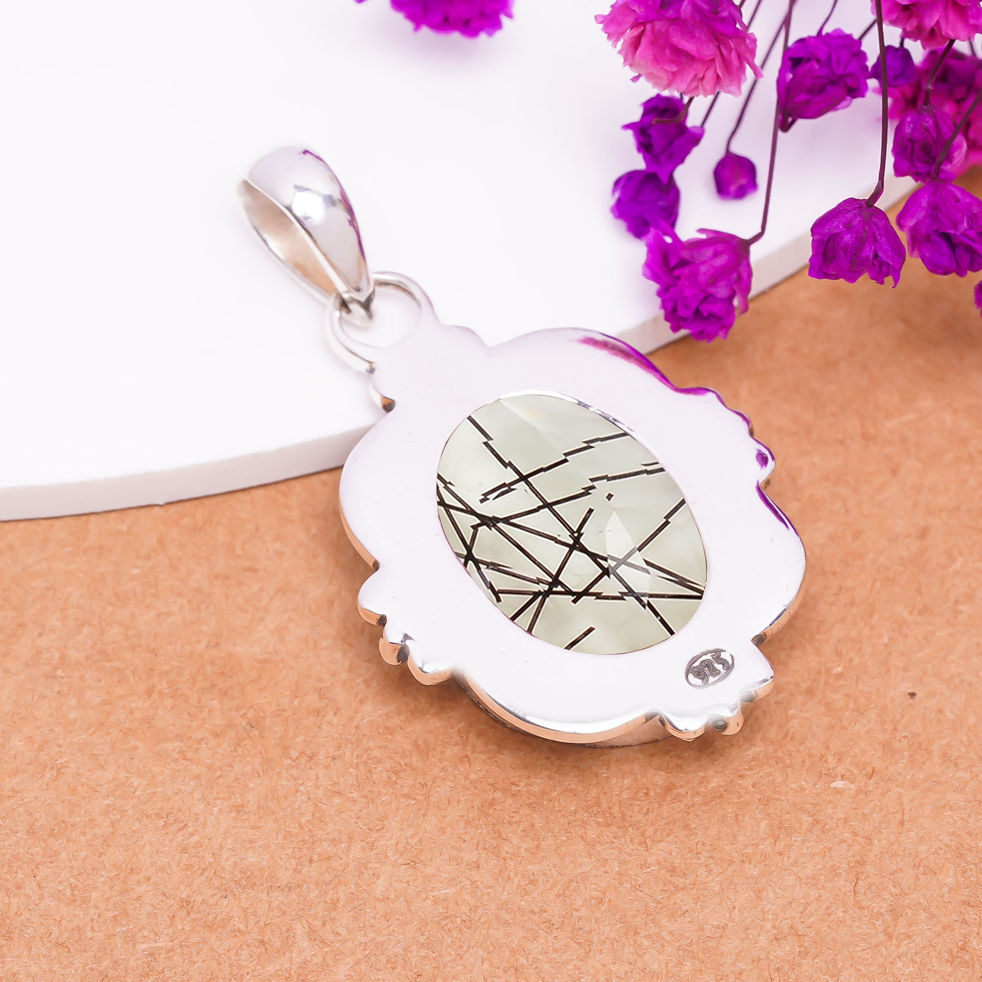 Black Rutilated Quartz - Simulated 925 Solid Sterling Silver Pendant