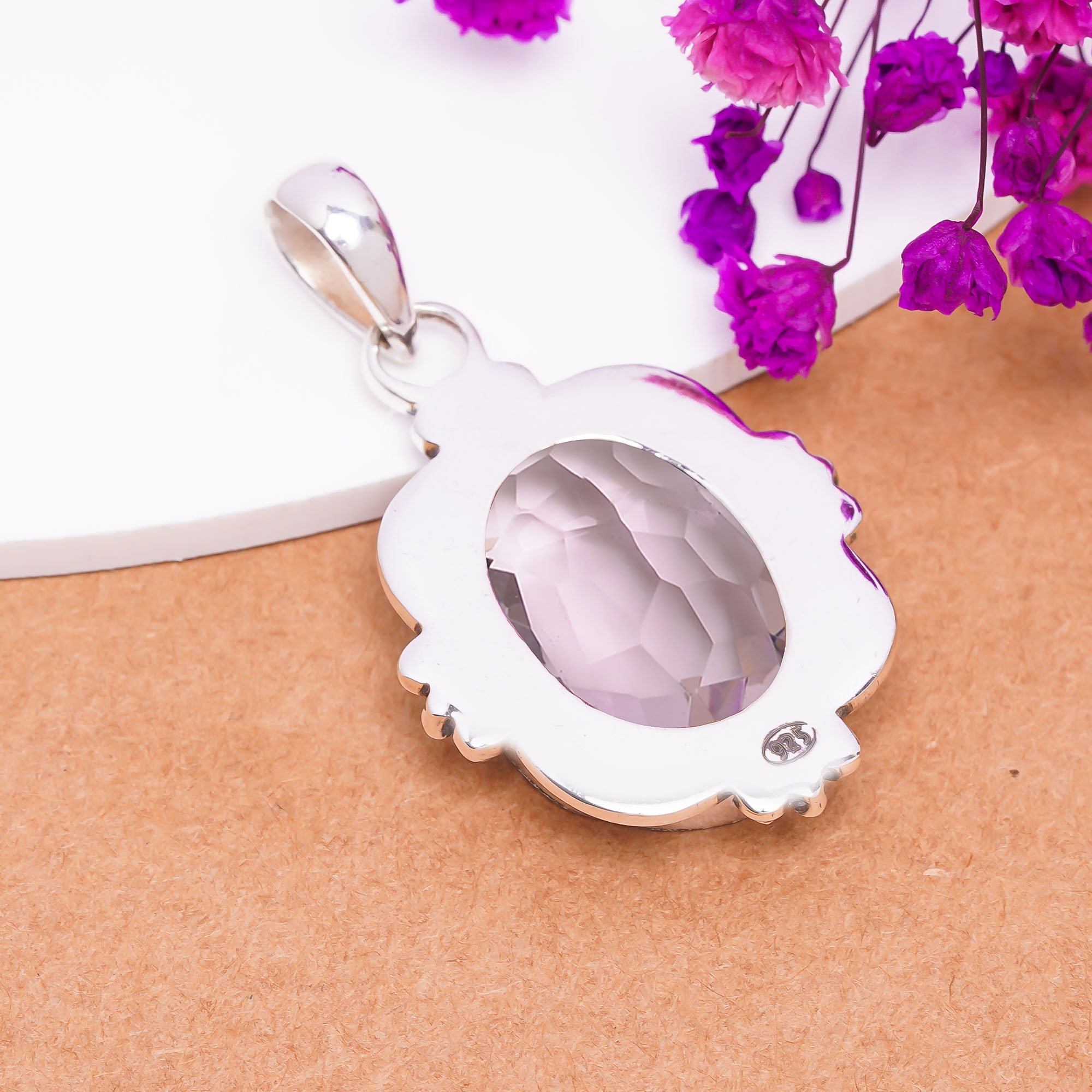 Pink Kunzite - Simulated 925 Solid Sterling Silver Pendant