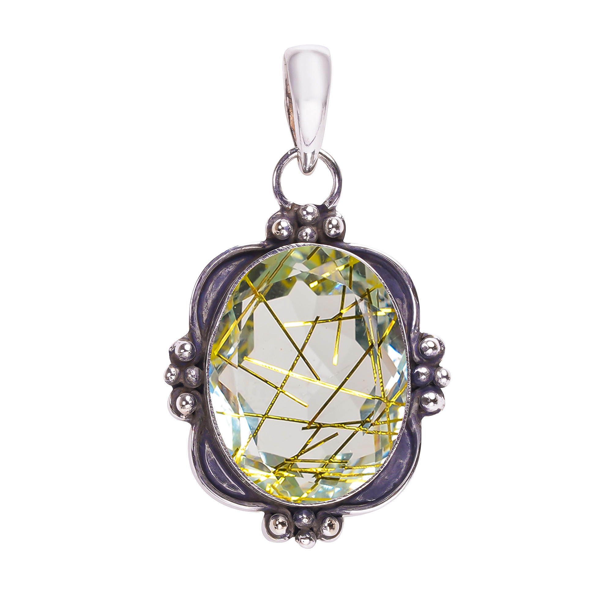 Golden Rutilated Quartz - Simulated 925 Solid Sterling Silver Pendant
