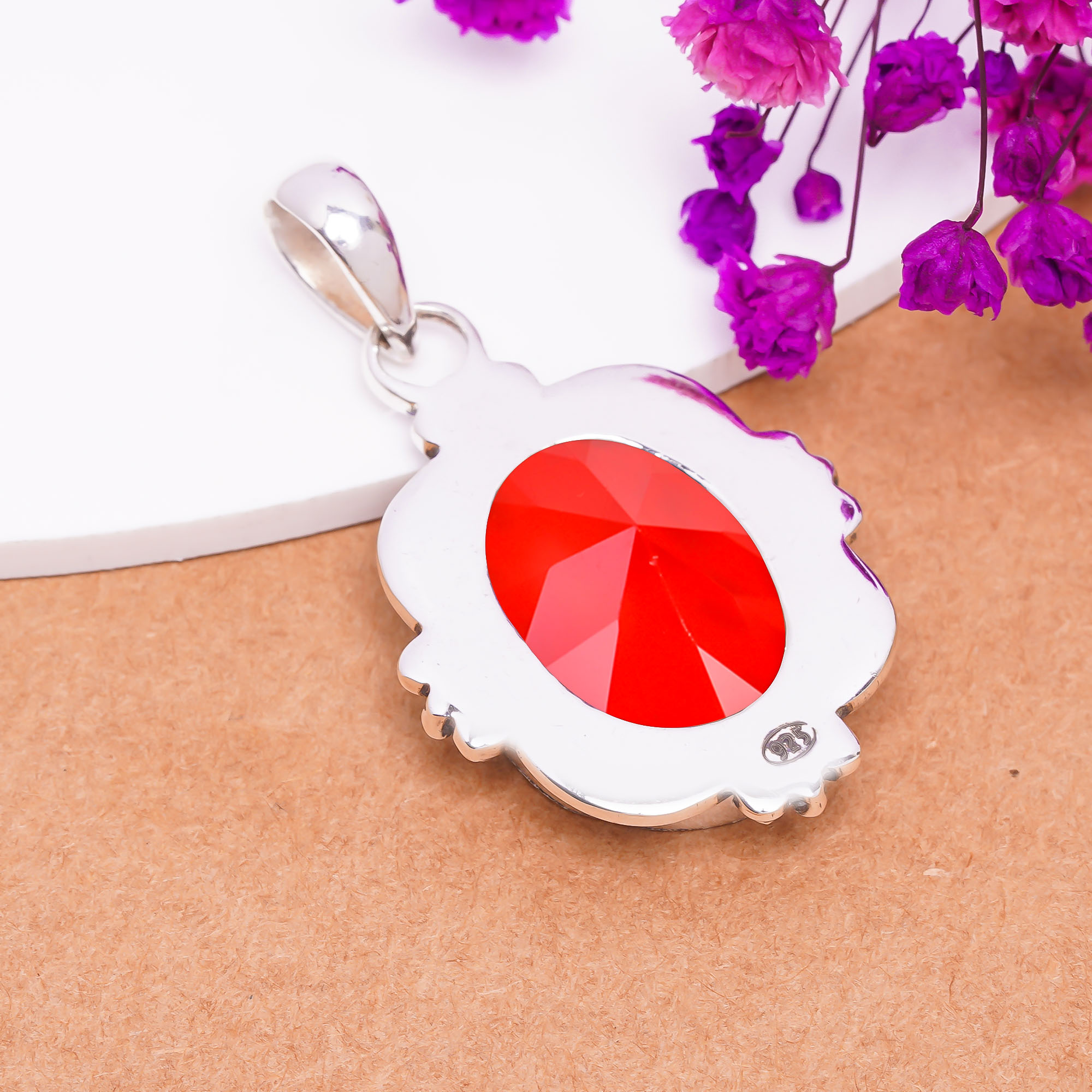 Red Garnet - Simulated 925 Solid Sterling Silver Pendant