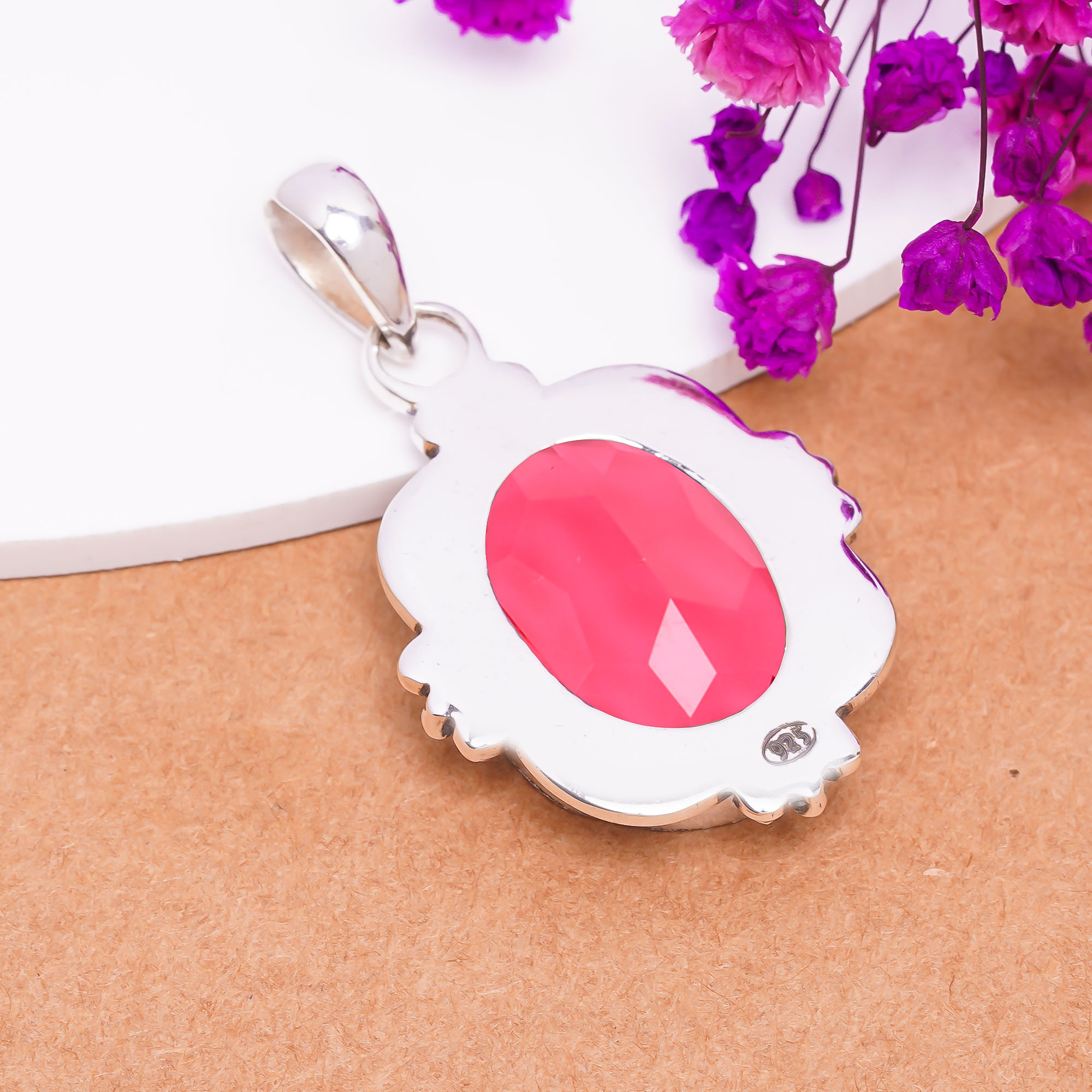 Pink Rubellite Tourmaline - Simulated 925 Solid Sterling Silver Pendant