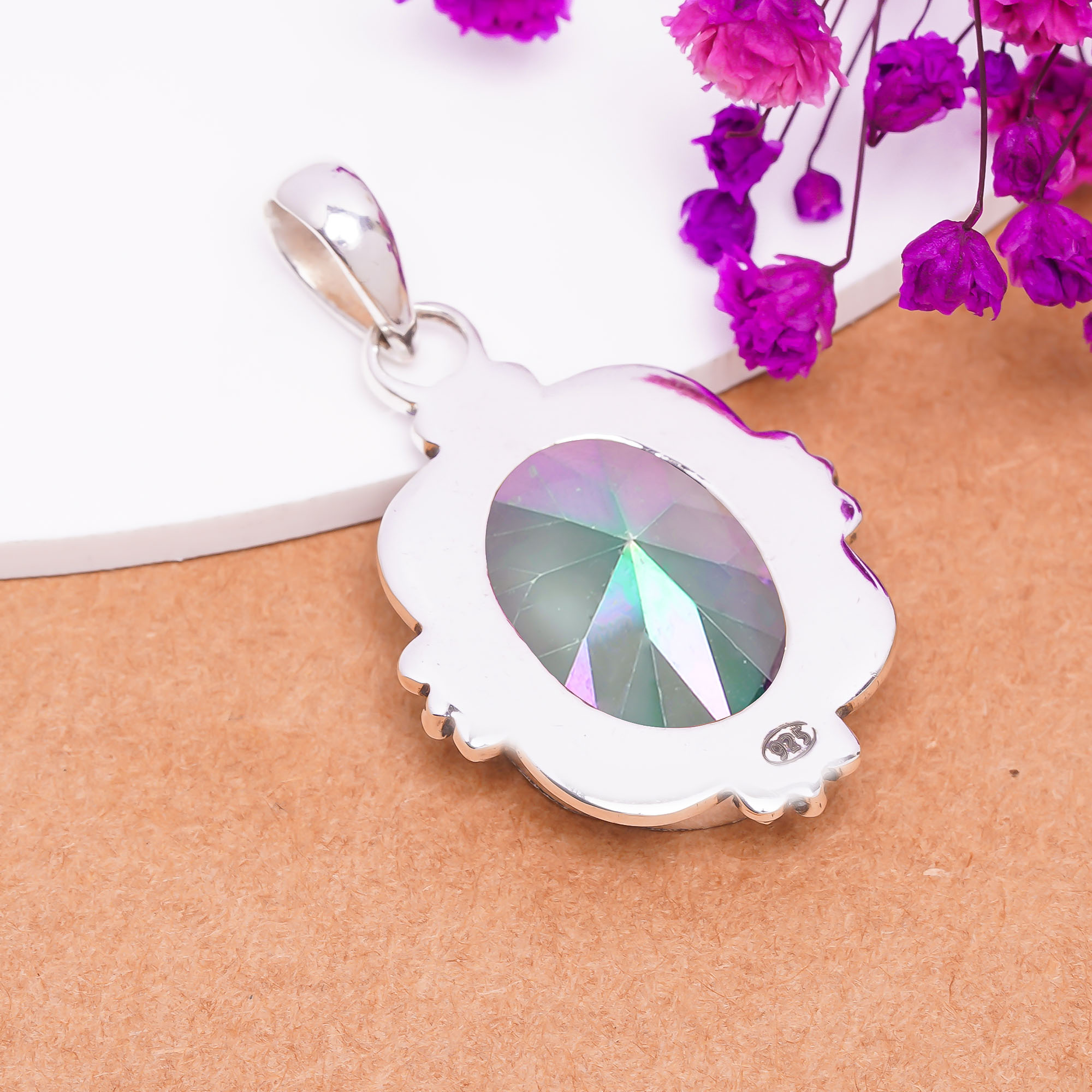 Rainbow Mystic Fire Topaz - Simulated 925 Solid Sterling Silver Pendant