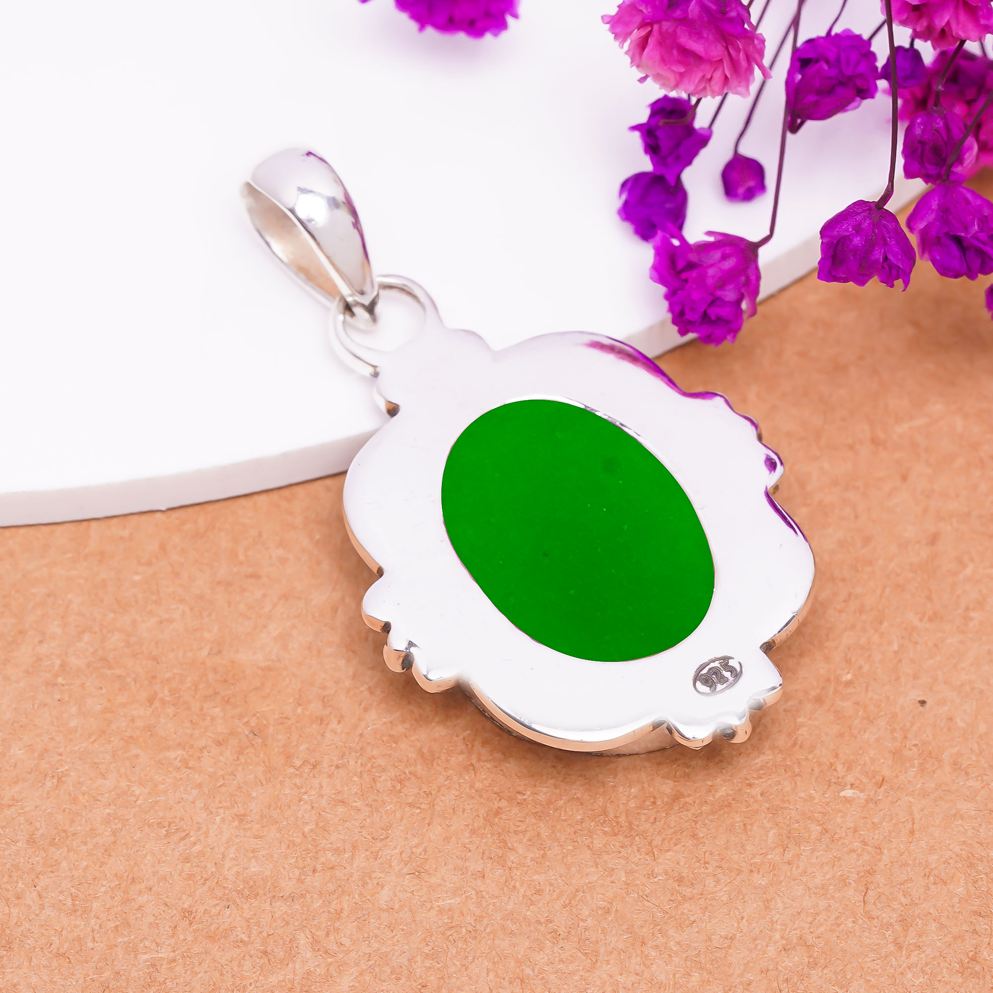 Emerald Simulated 925 Solid Sterling Silver Pendant