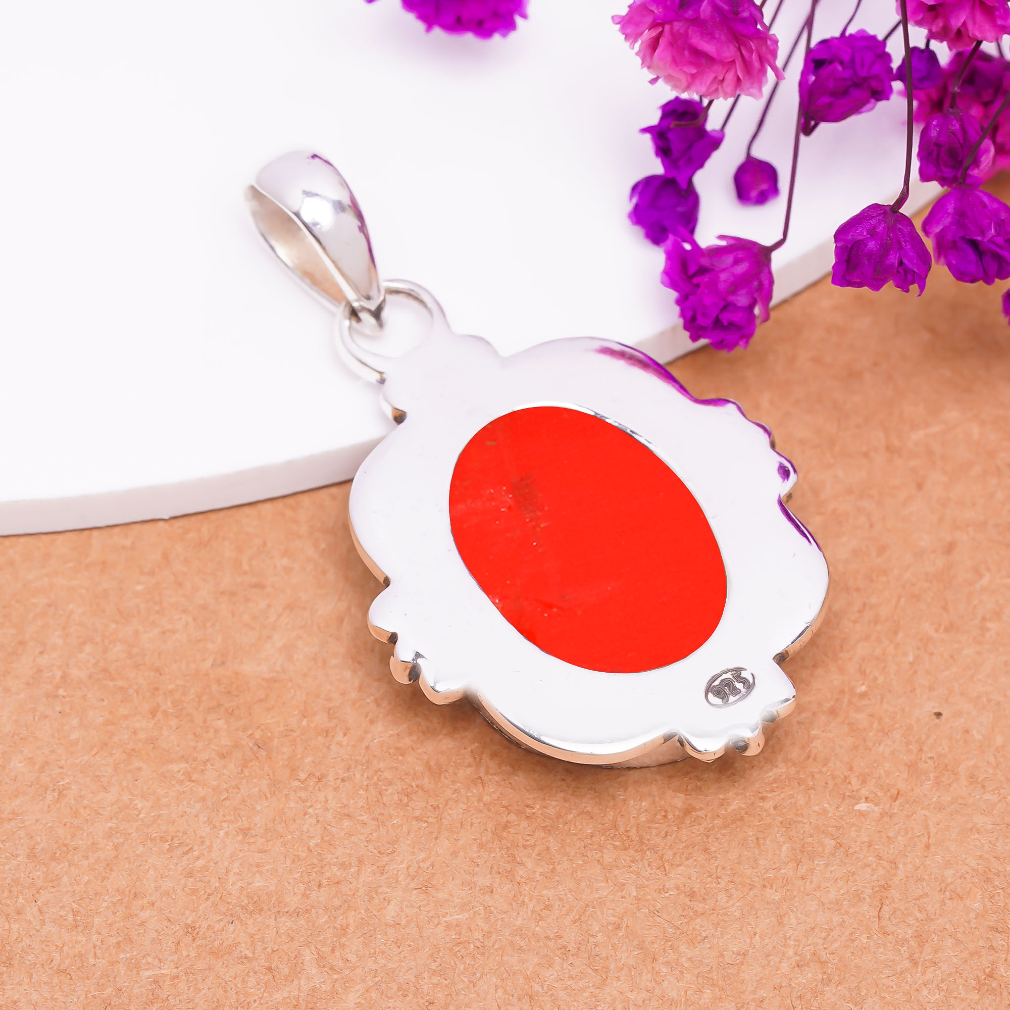 Red Coral - Simulated 925 Solid Sterling Silver Pendant