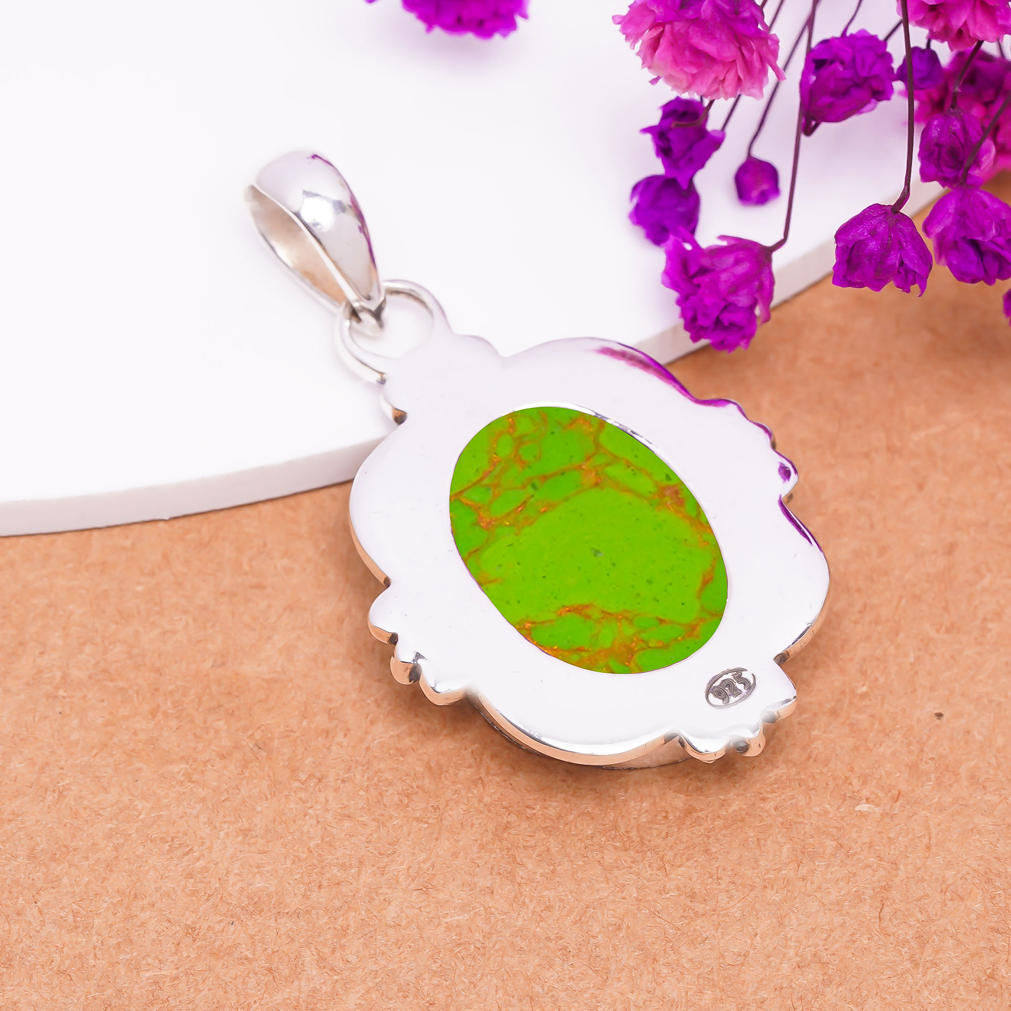 Copper Green Turquoise - Simulated 925 Solid Sterling Silver Pendant