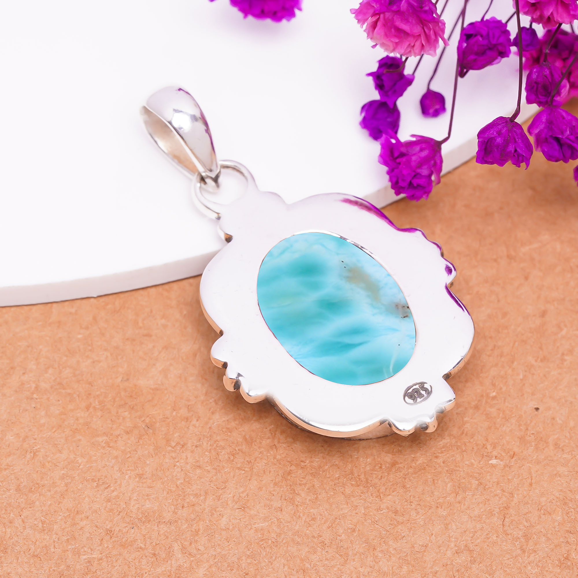 Natural Larimar / Pactolite - Dominican Republic 925 Solid Sterling Silver Pendant