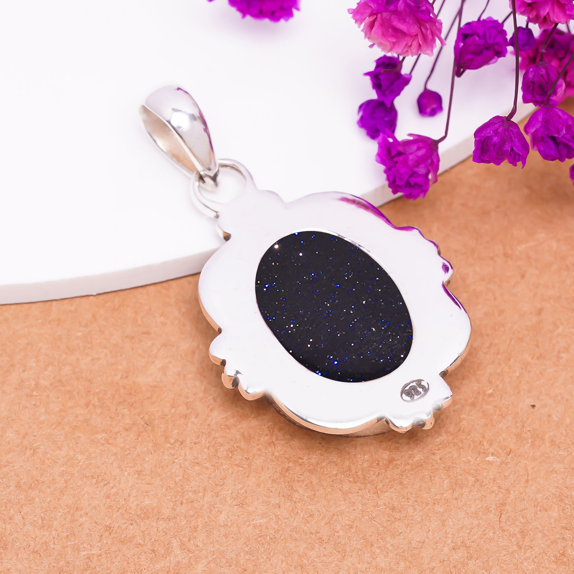 Blue Sunstone - Simulated 925 Solid Sterling Silver Pendant