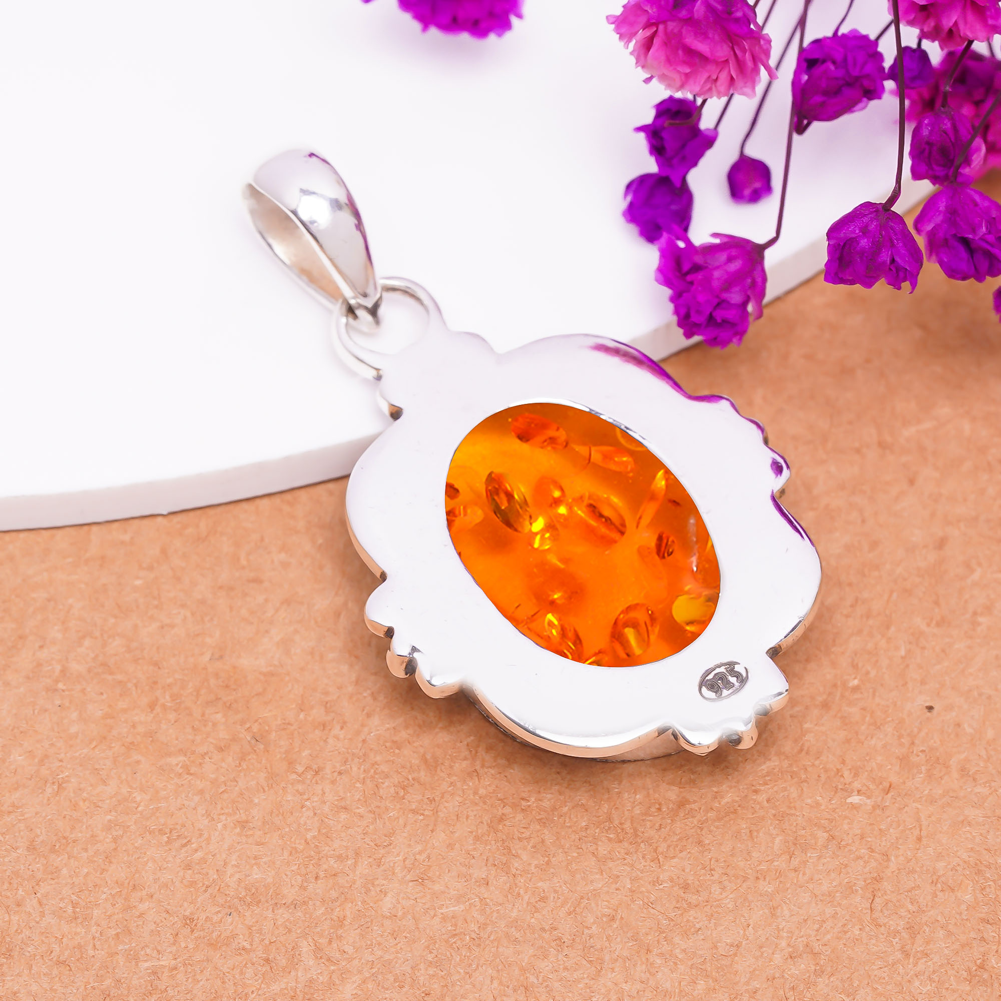 Amber - Simulated 925 Solid Sterling Silver Pendant