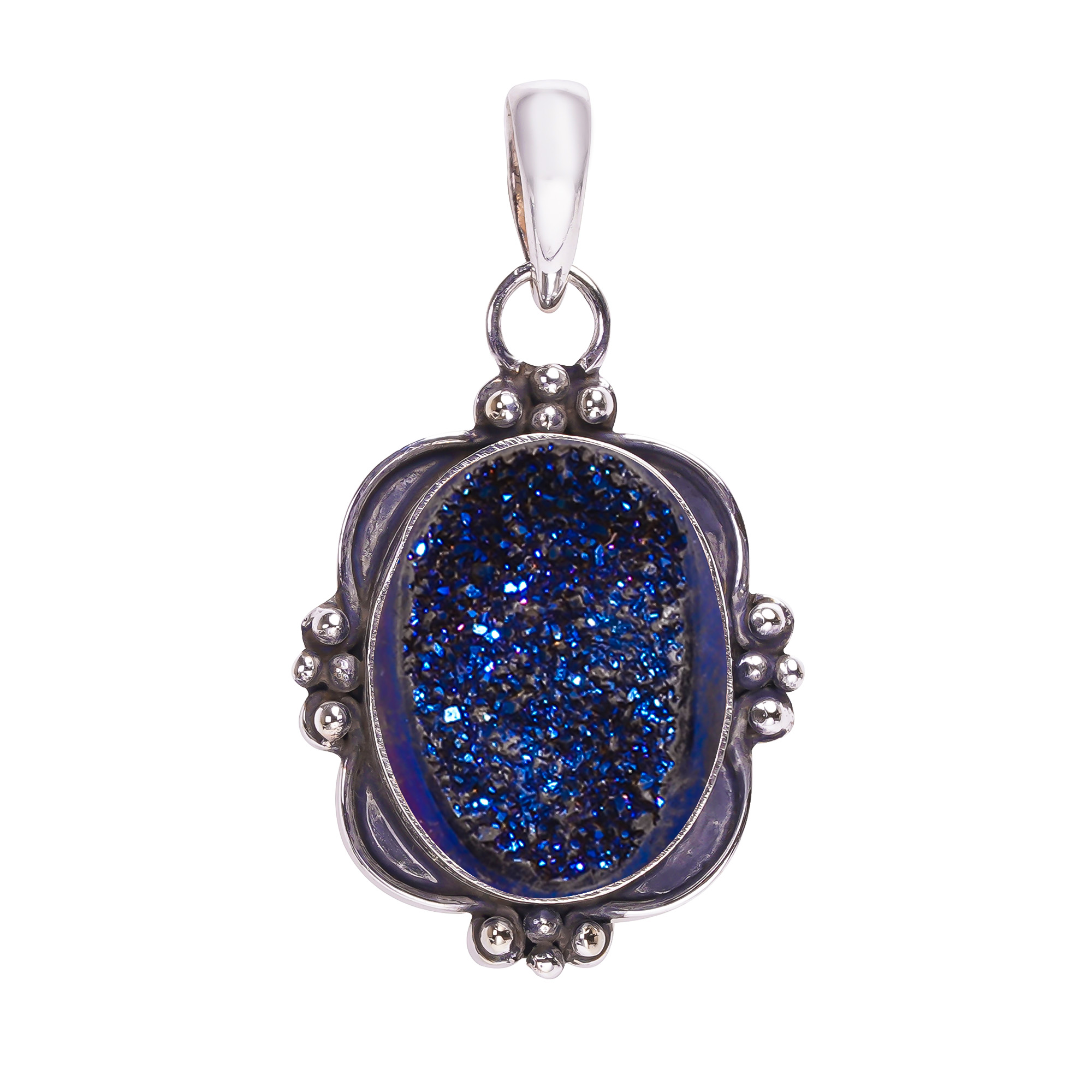 Electric Blue Titanium Agate Drusy 925 Solid Sterling Silver Pendant