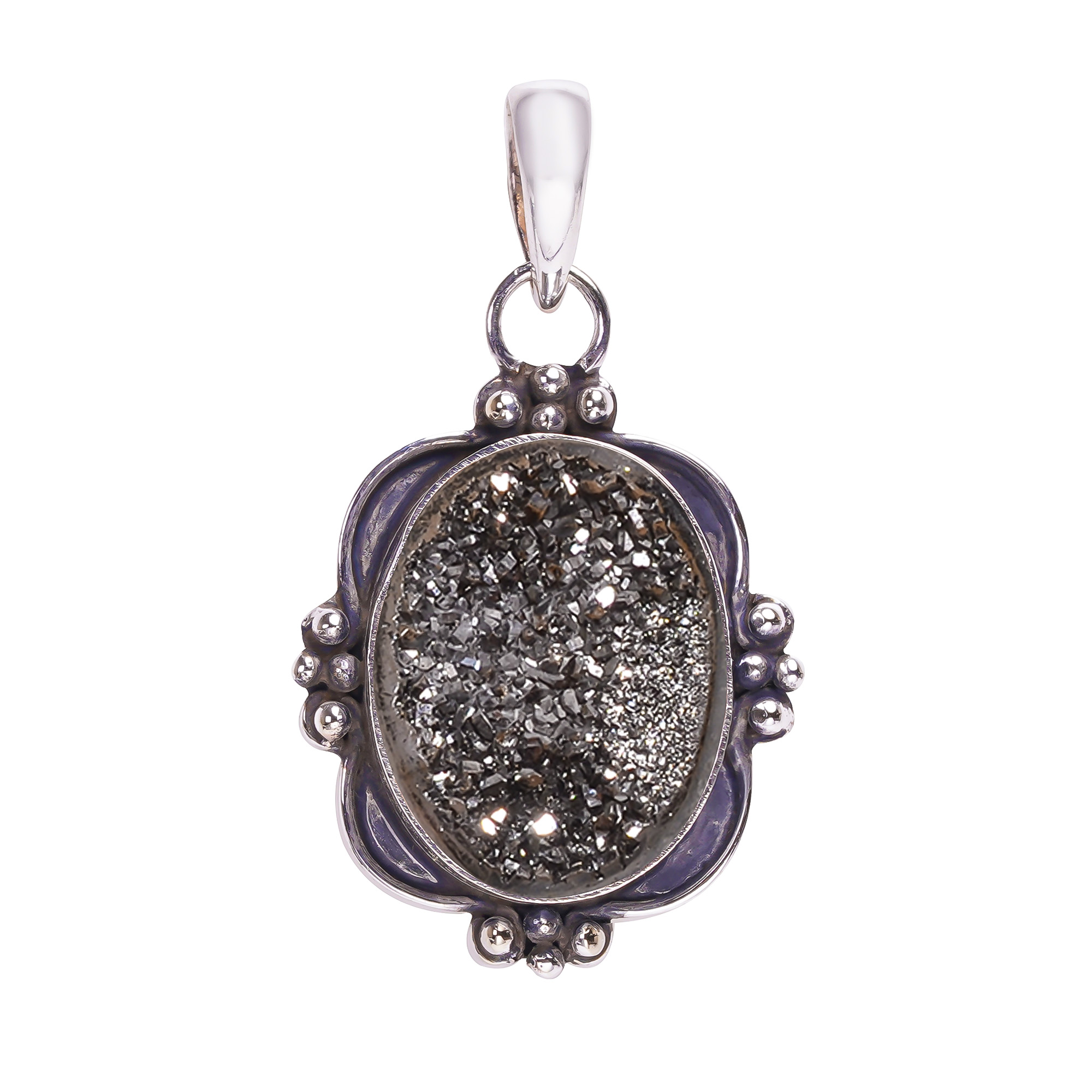 Black Titanium Agate Drusy 925 Solid Sterling Silver Pendant