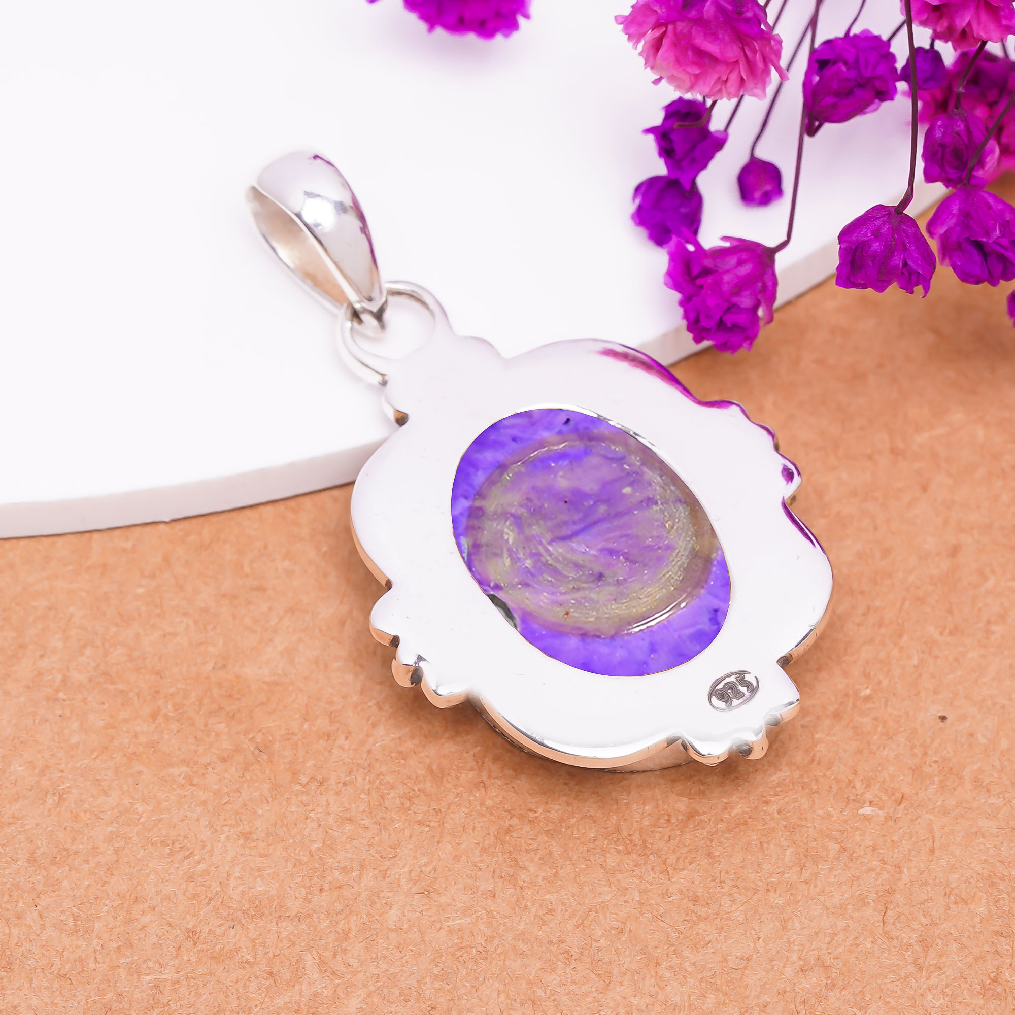 Purple Charoite - Simulated 925 Solid Sterling Silver Pendant