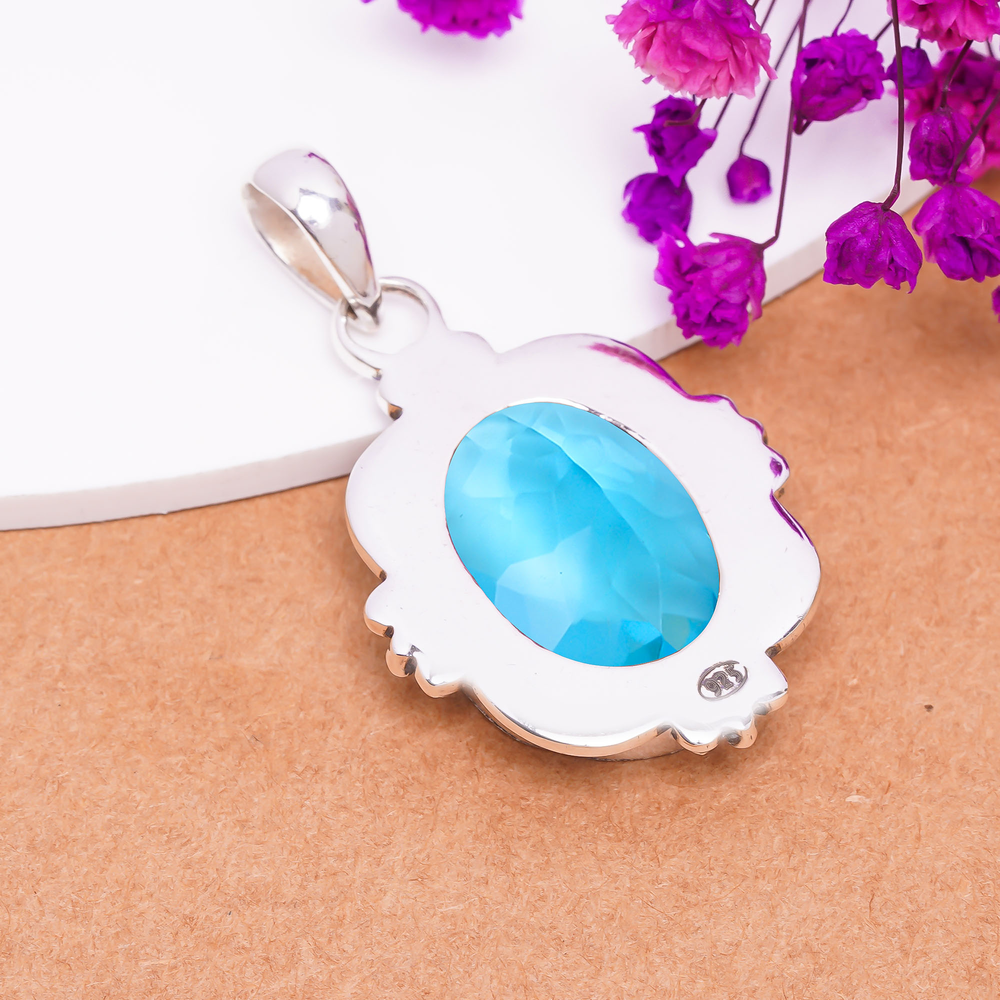 Blue Topaz - Simulated 925 Solid Sterling Silver Pendant