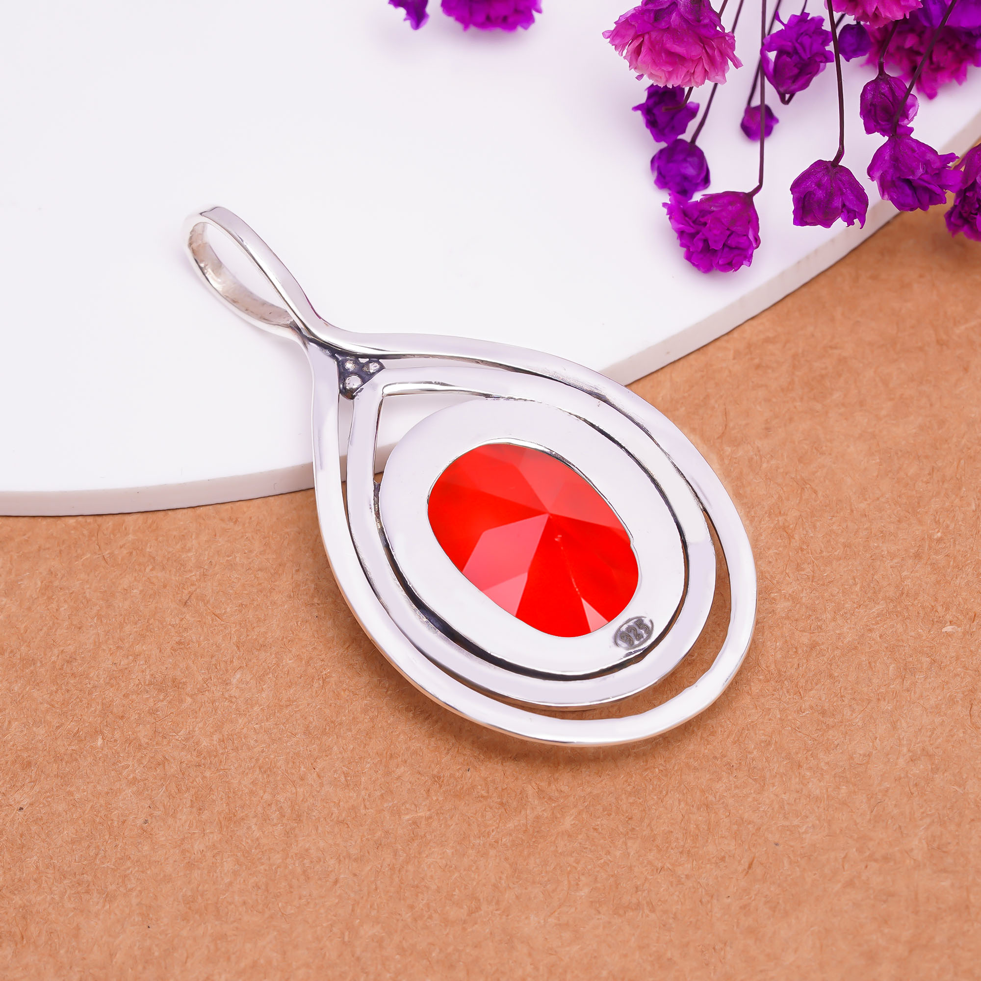 Red Garnet - Simulated 925 Solid Sterling Silver Pendant