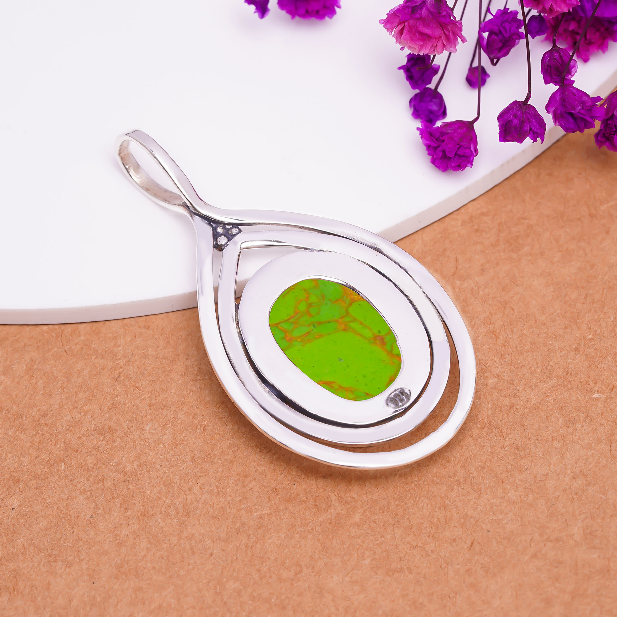 Copper Green Turquoise - Simulated 925 Solid Sterling Silver Pendant