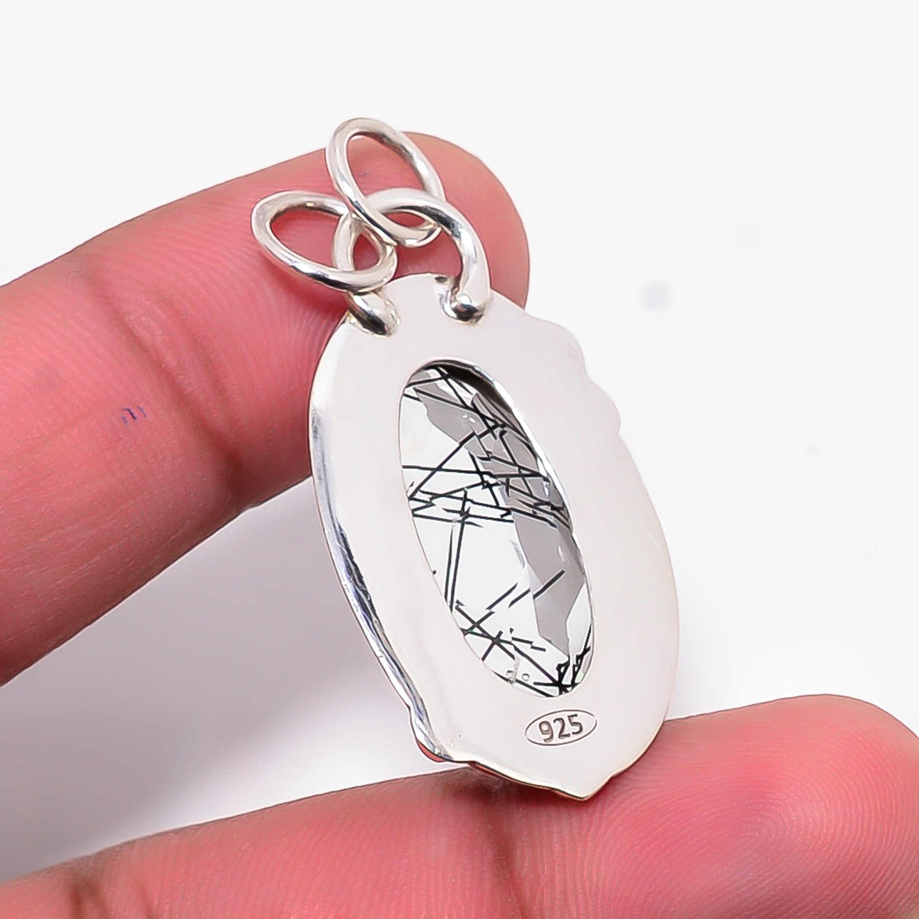Black Rutilated Quartz - Simulated 925 Solid Sterling Silver Pendant