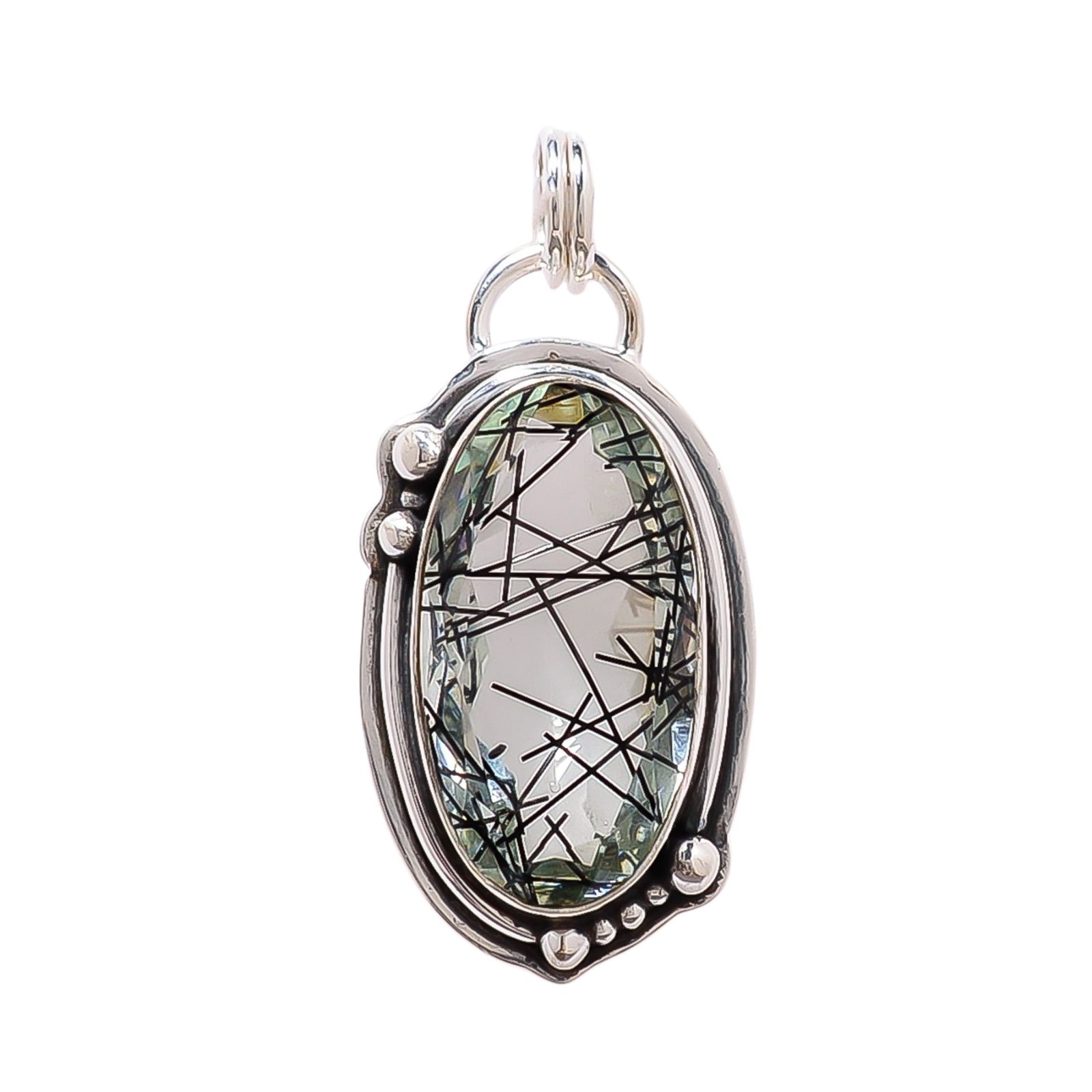 Black Rutilated Quartz - Simulated 925 Solid Sterling Silver Pendant