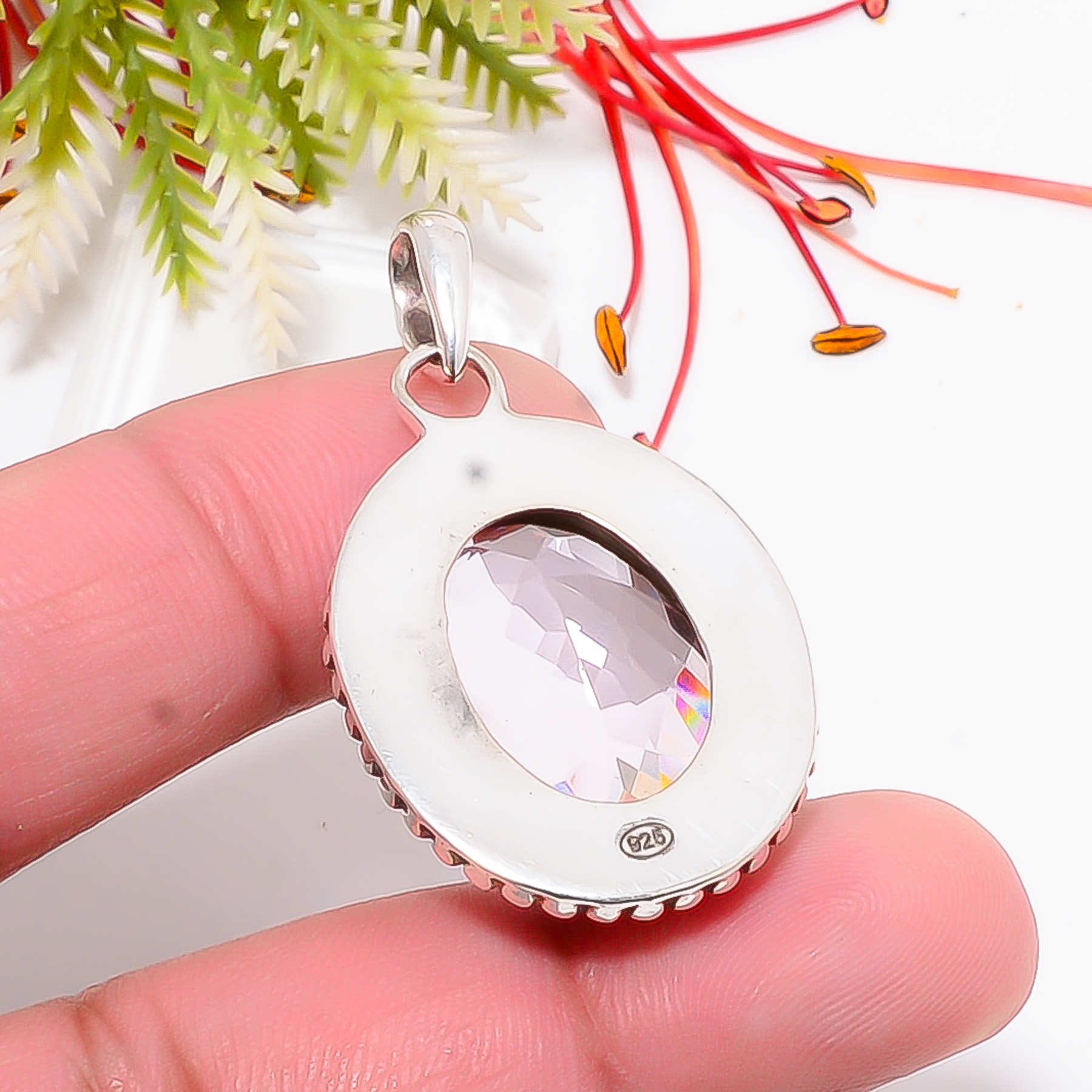 Pink Kunzite - Simulated 925 Solid Sterling Silver Pendant