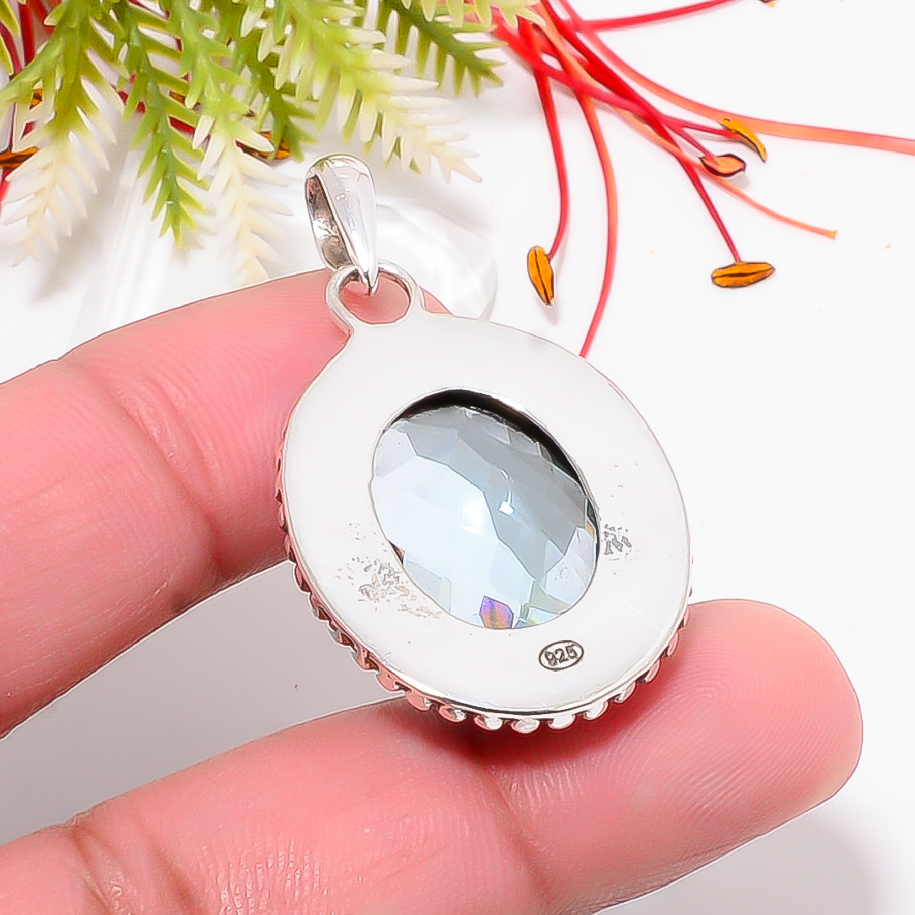 Blue Topaz - Simulated 925 Solid Sterling Silver Pendant