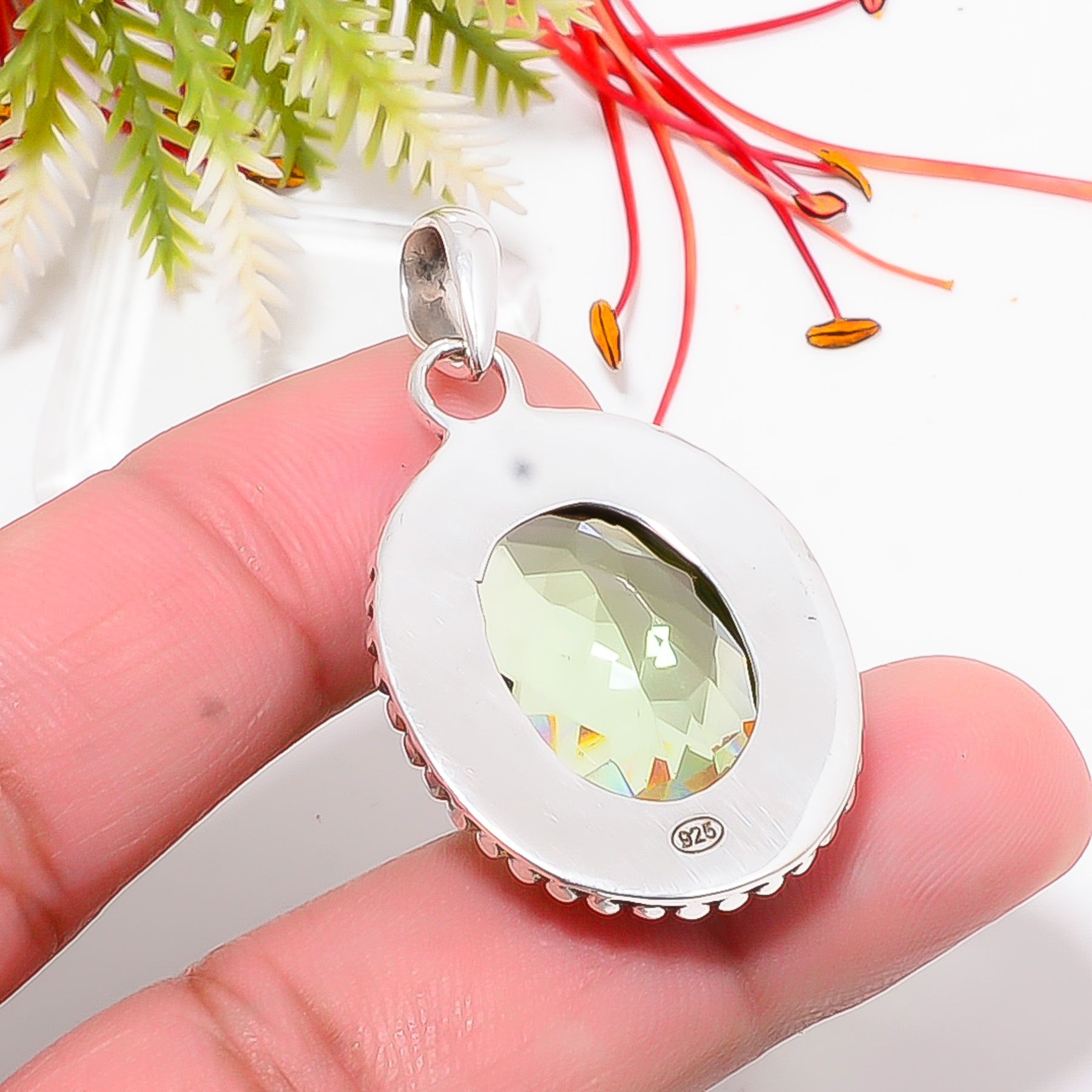 Green Amethyst - Simulated 925 Solid Sterling Silver Pendant
