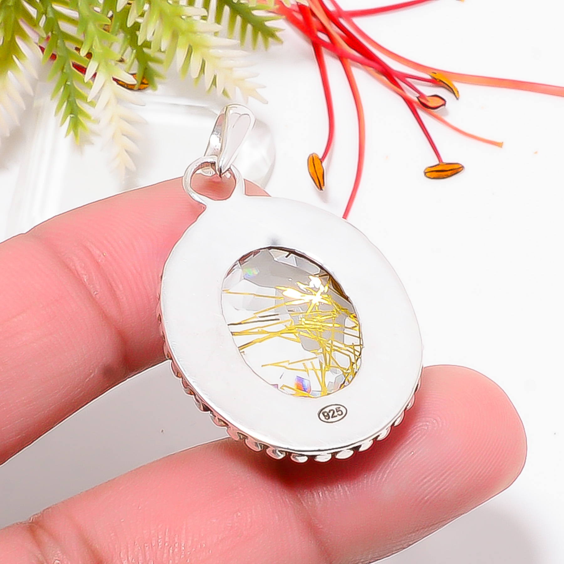 Golden Rutilated Quartz - Simulated 925 Solid Sterling Silver Pendant