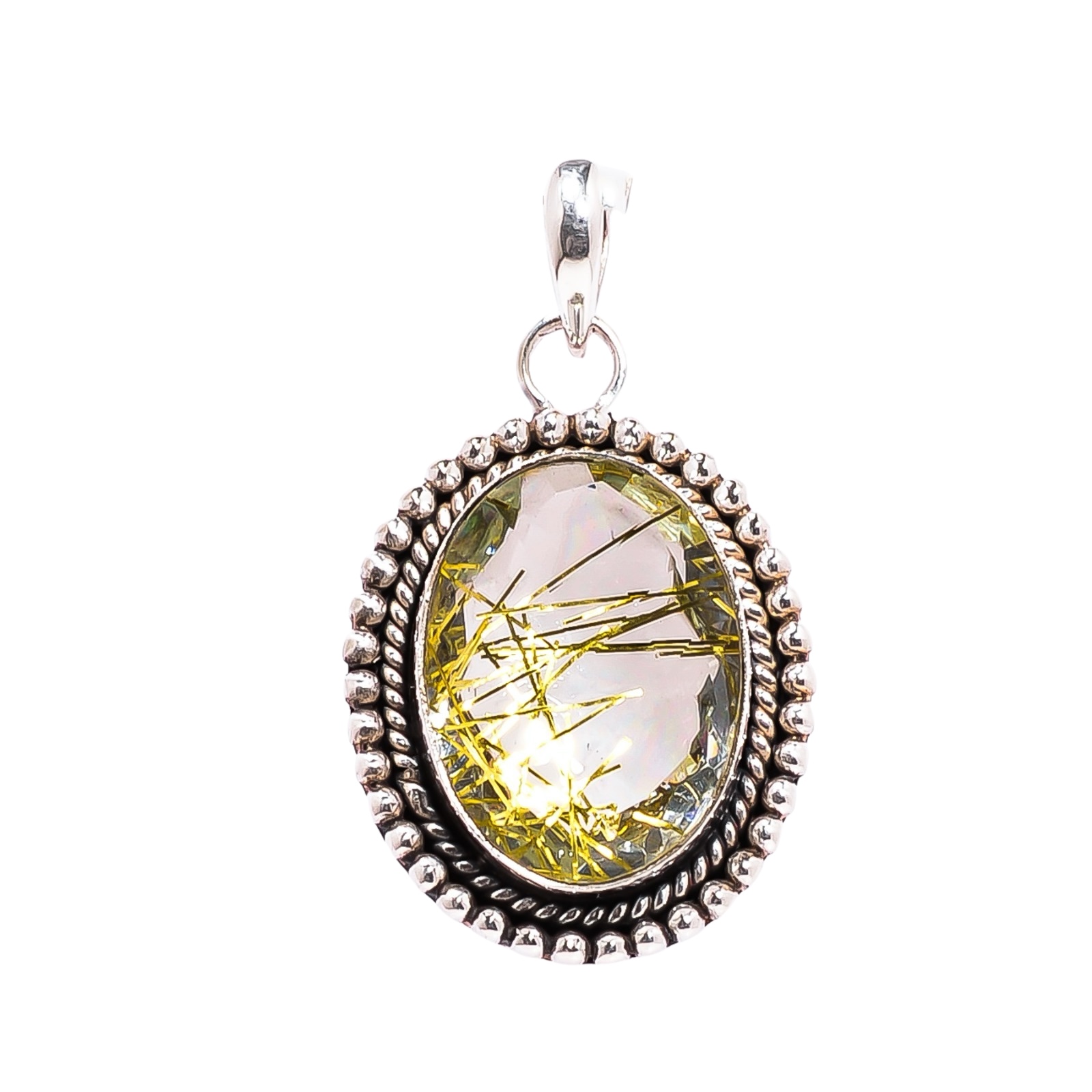 Golden Rutilated Quartz - Simulated 925 Solid Sterling Silver Pendant