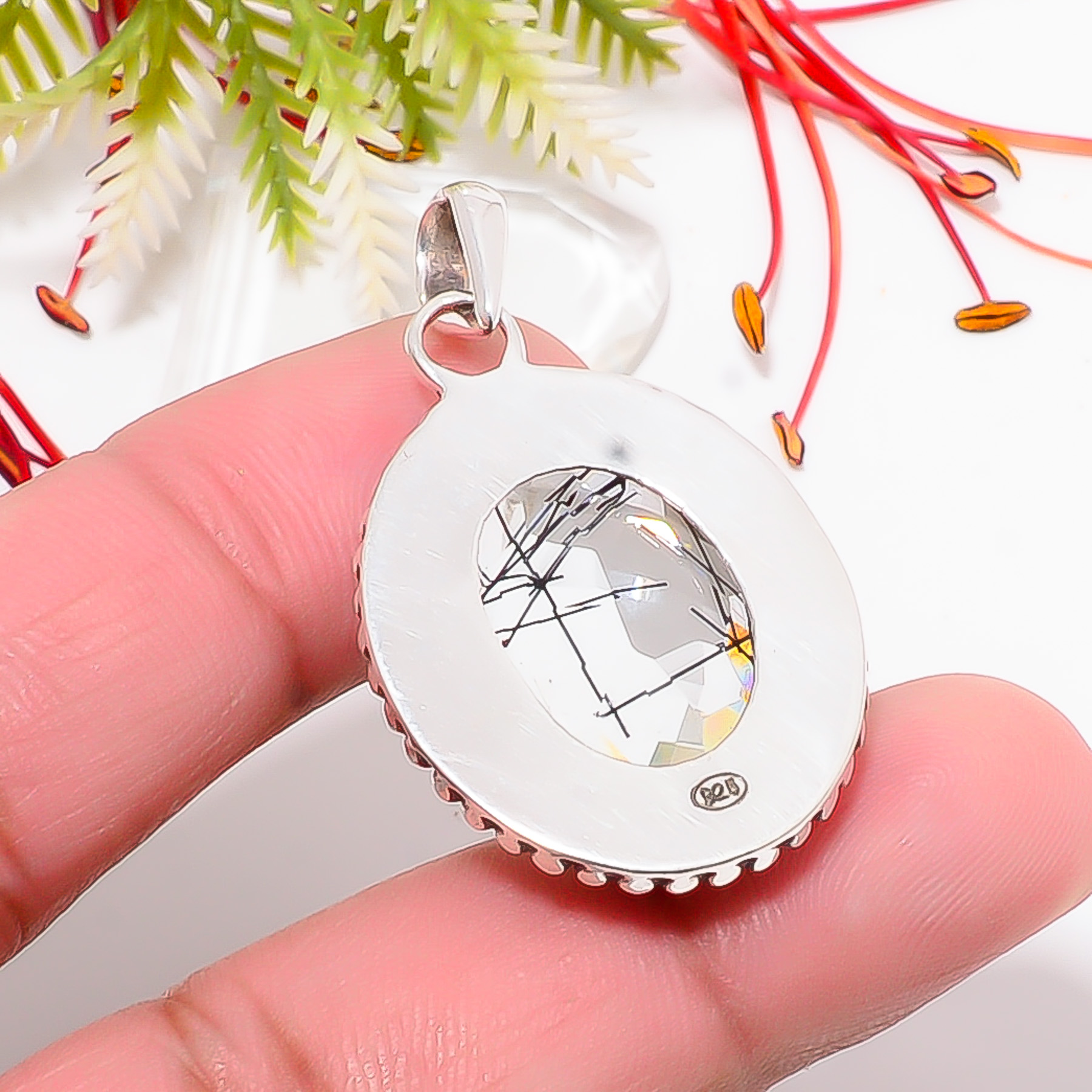 Black Rutilated Quartz - Simulated 925 Solid Sterling Silver Pendant