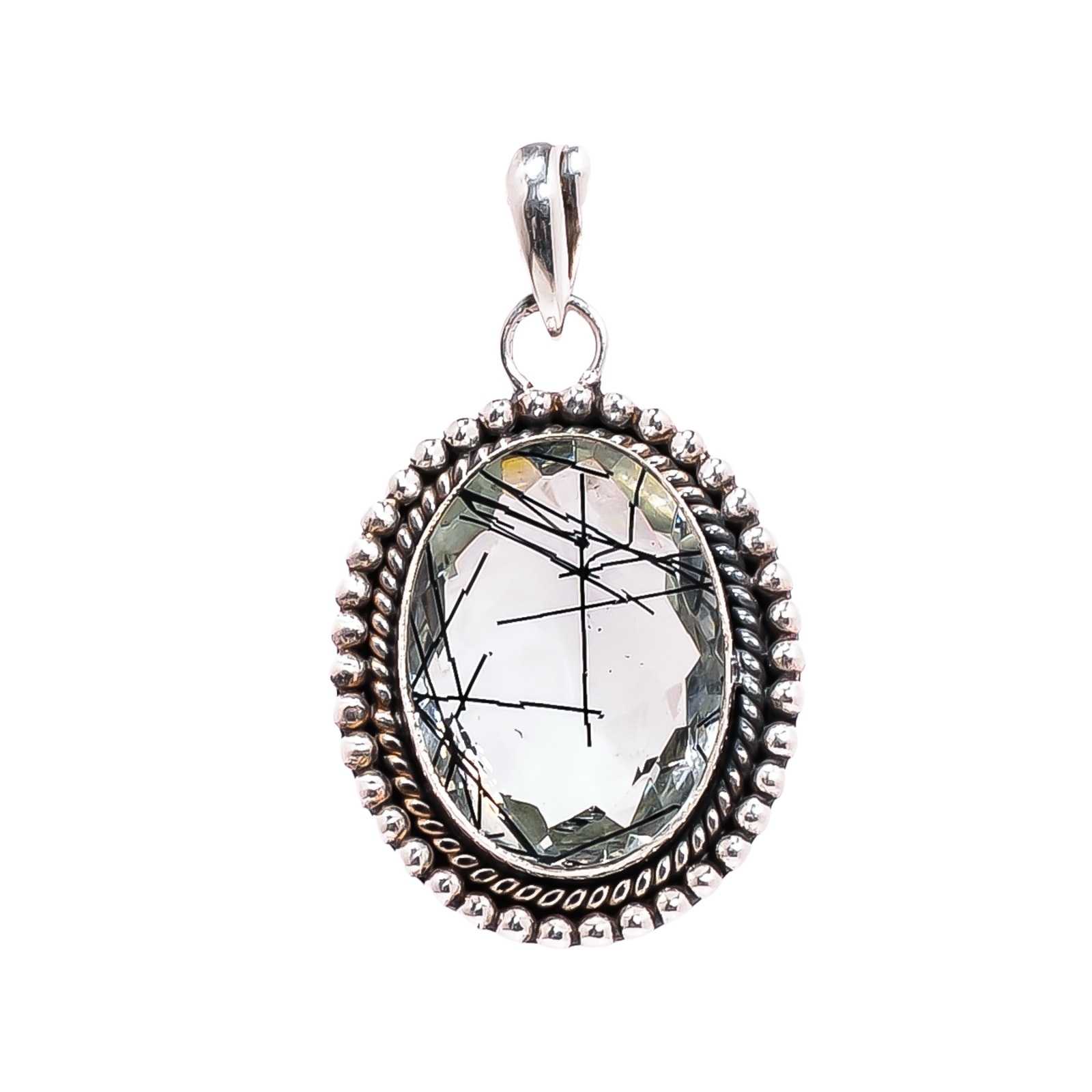 Black Rutilated Quartz - Simulated 925 Solid Sterling Silver Pendant