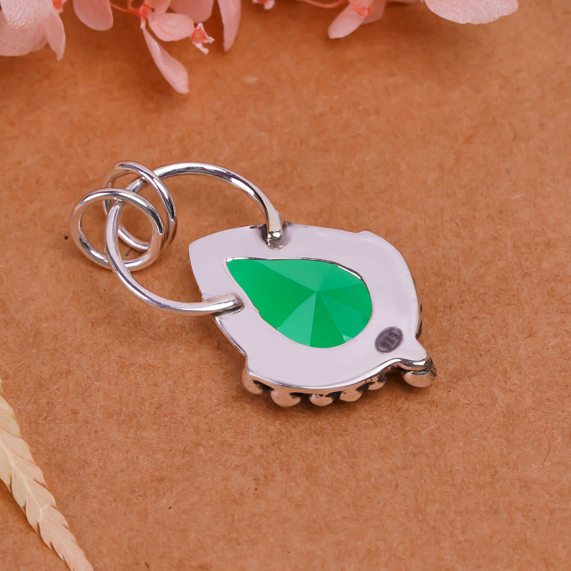Emerald Simulated 925 Solid Sterling Silver Pendant