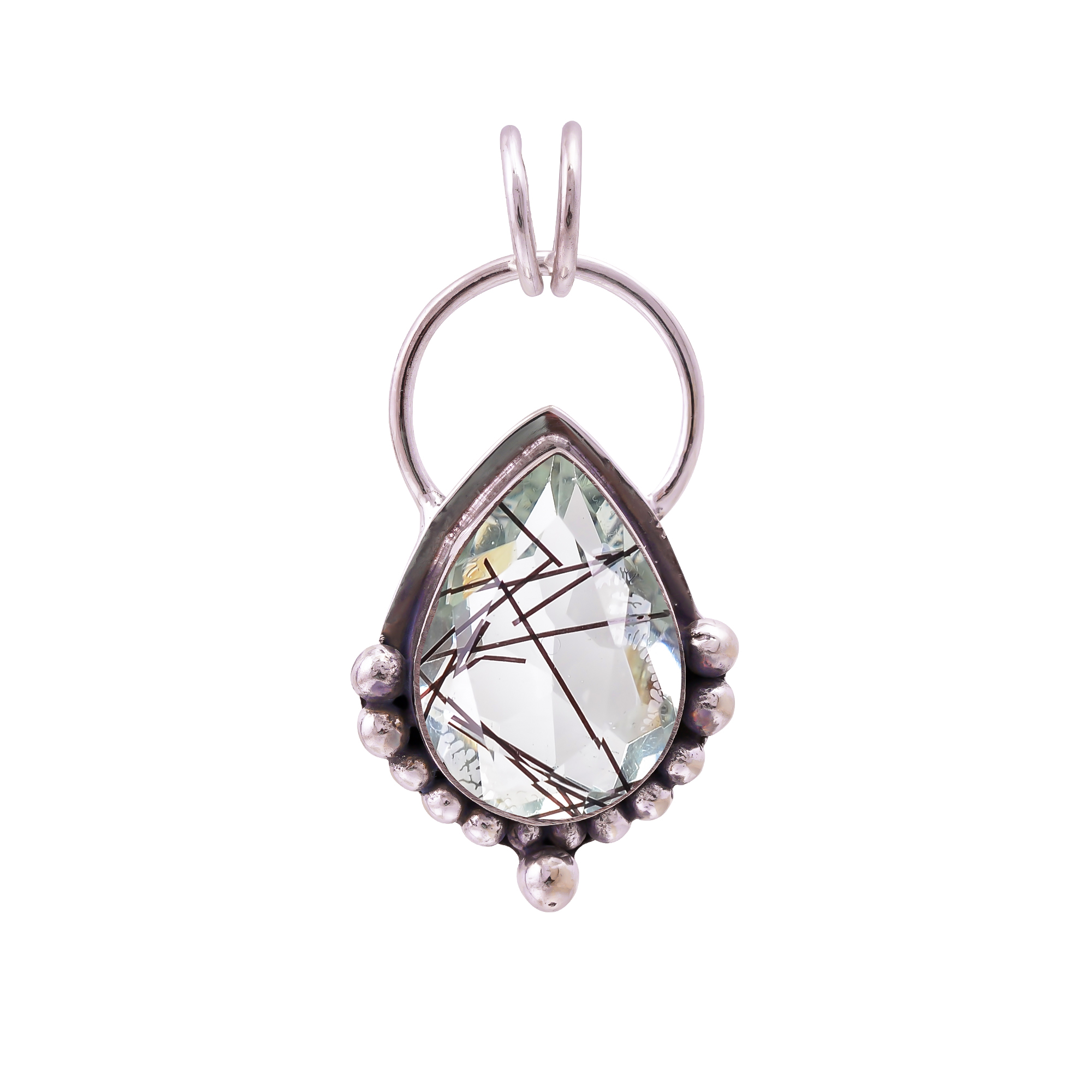 Black Rutilated Quartz - Simulated 925 Solid Sterling Silver Pendant