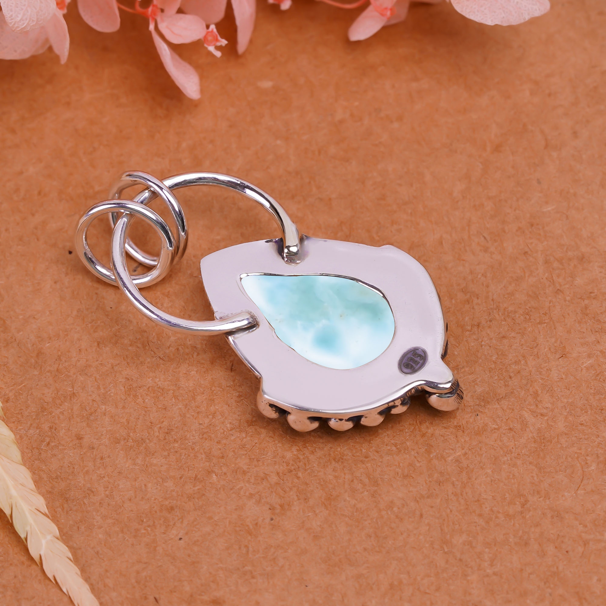 Natural Larimar / Pactolite - Dominican Republic 925 Solid Sterling Silver Pendant