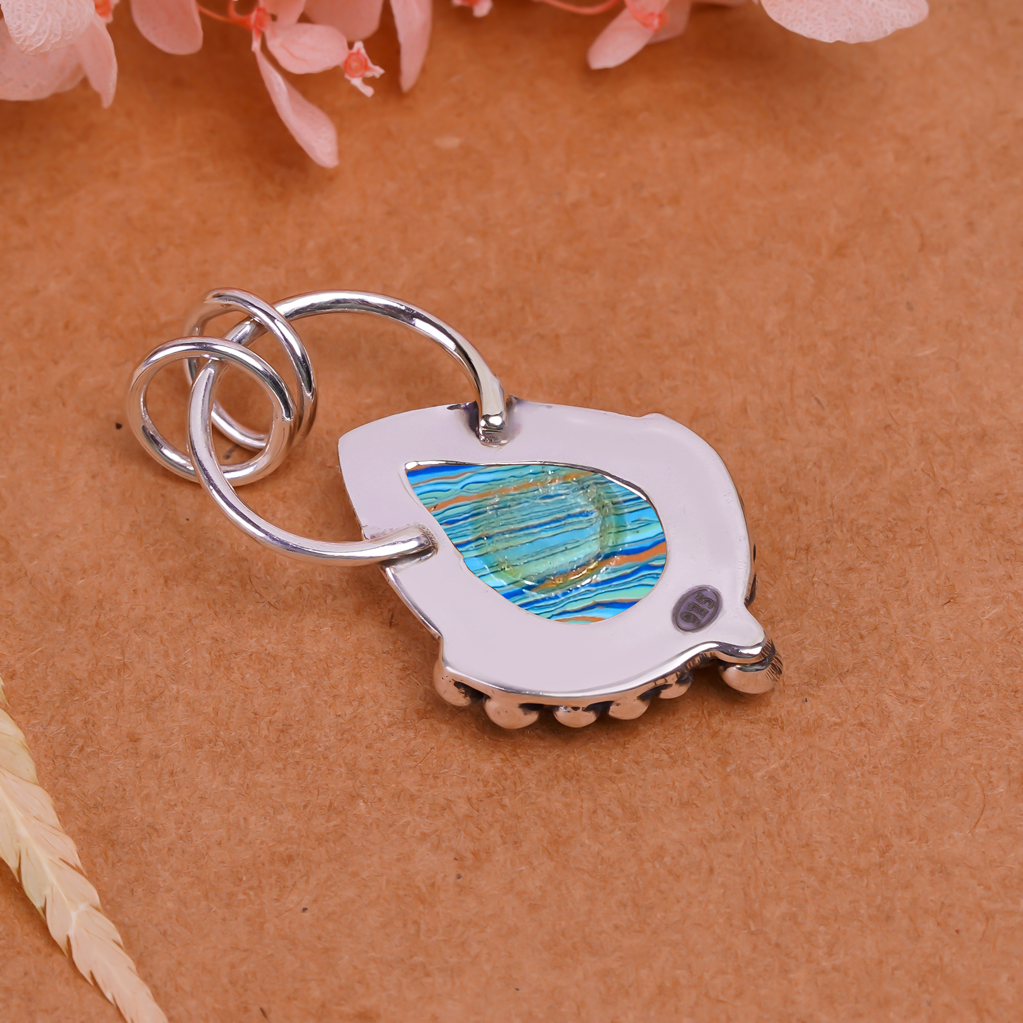 Blue Rainbow Calsilica - Simulated 925 Solid Sterling Silver Pendant