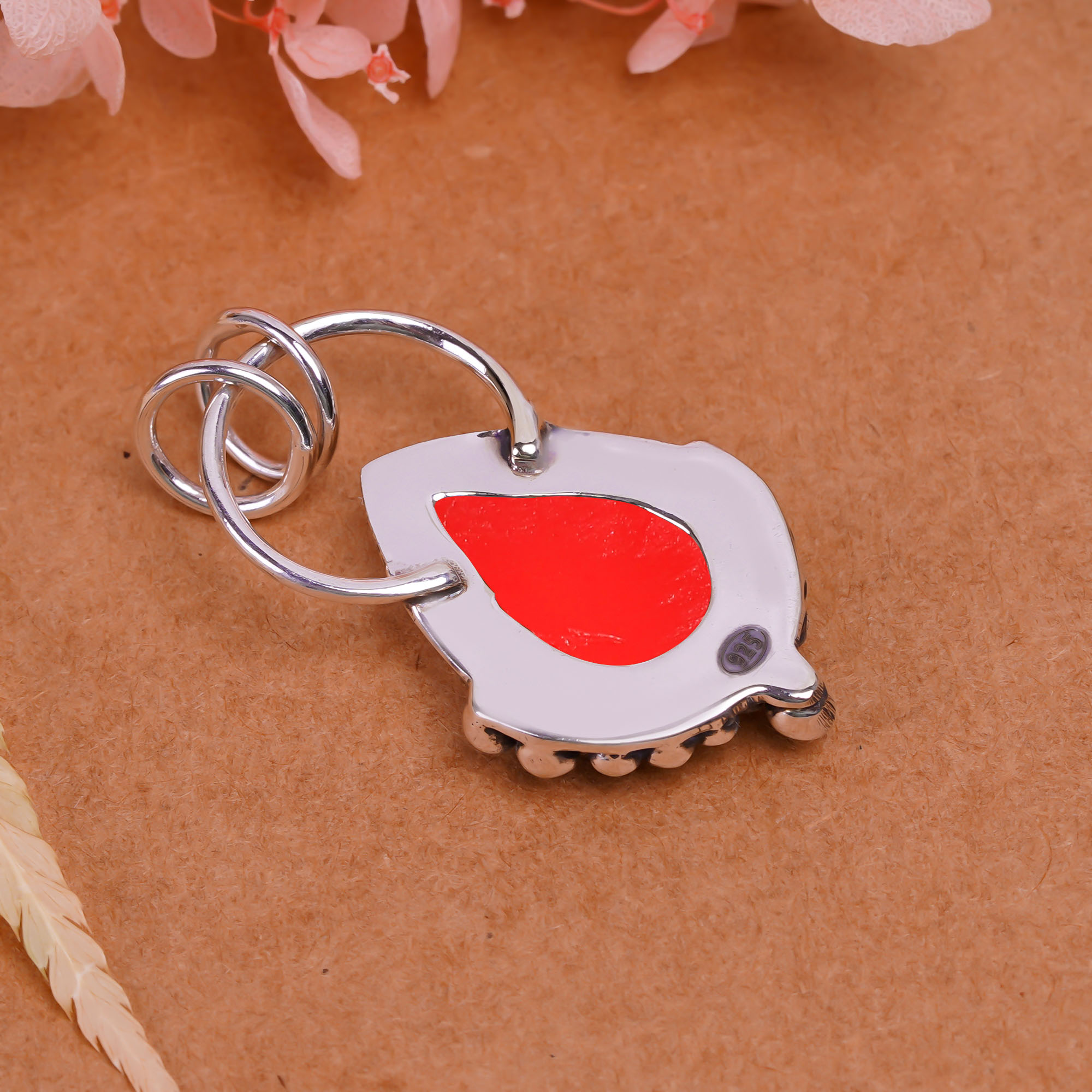Red Coral - Simulated 925 Solid Sterling Silver Pendant