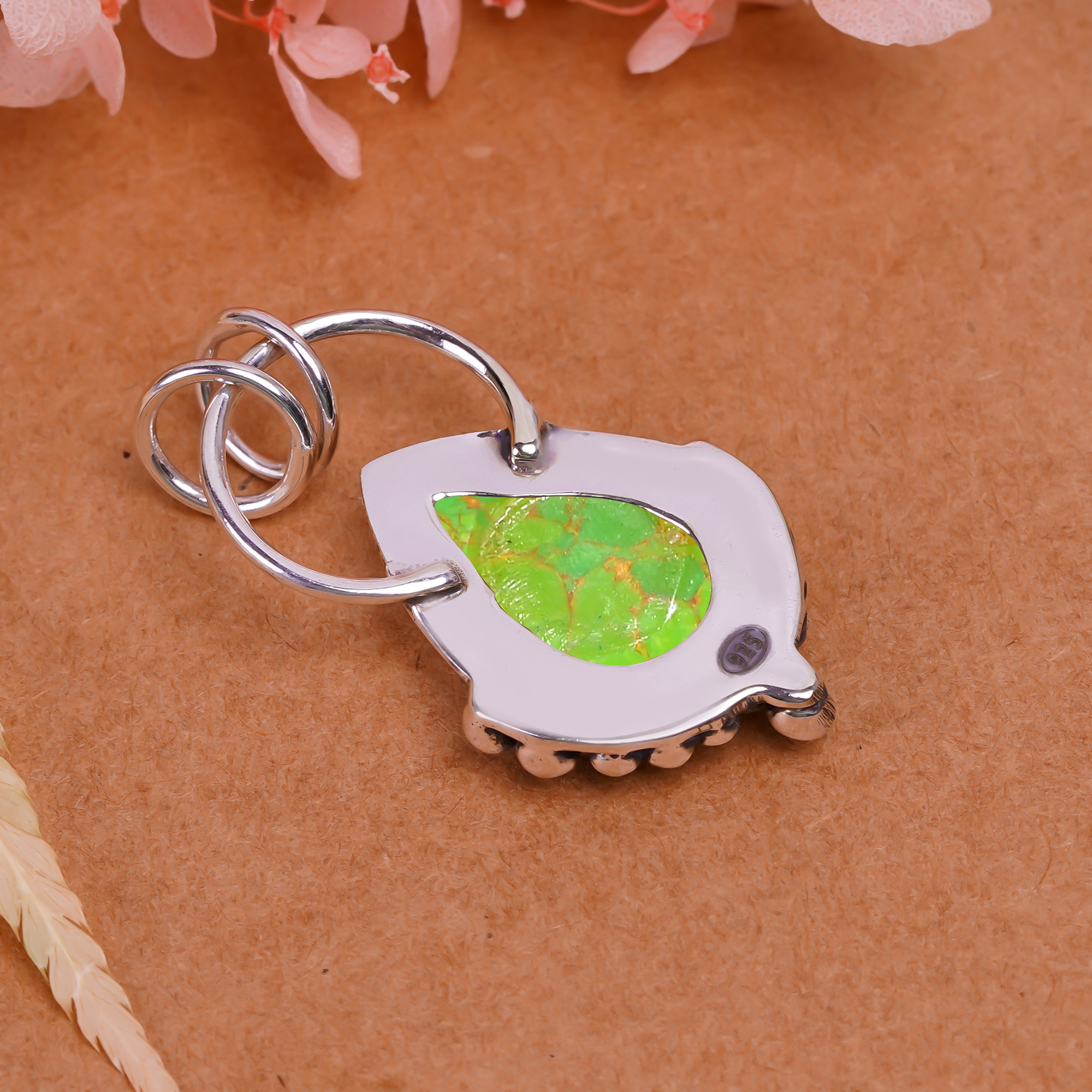 Copper Green Turquoise - Simulated 925 Solid Sterling Silver Pendant