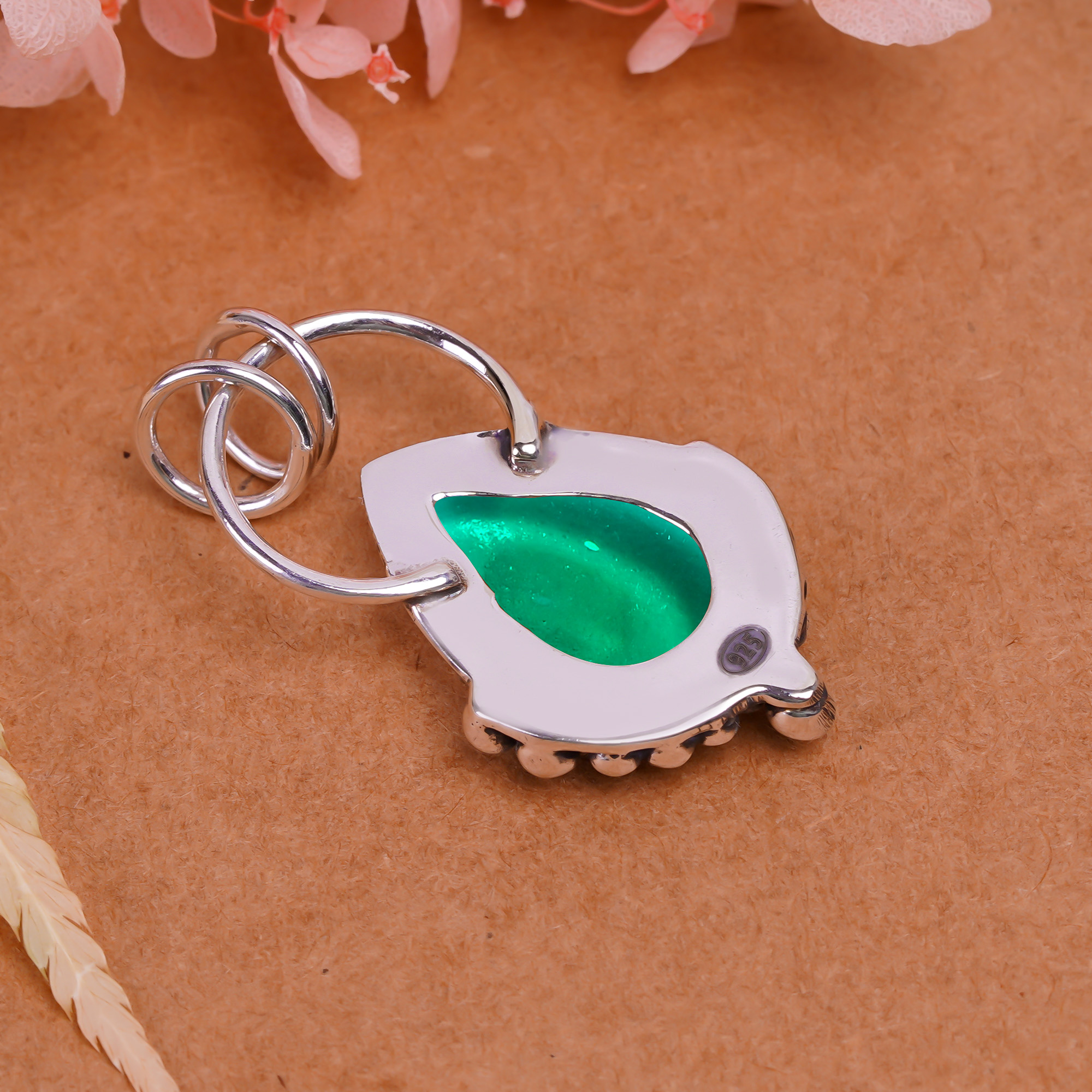 Emerald Simulated 925 Solid Sterling Silver Pendant