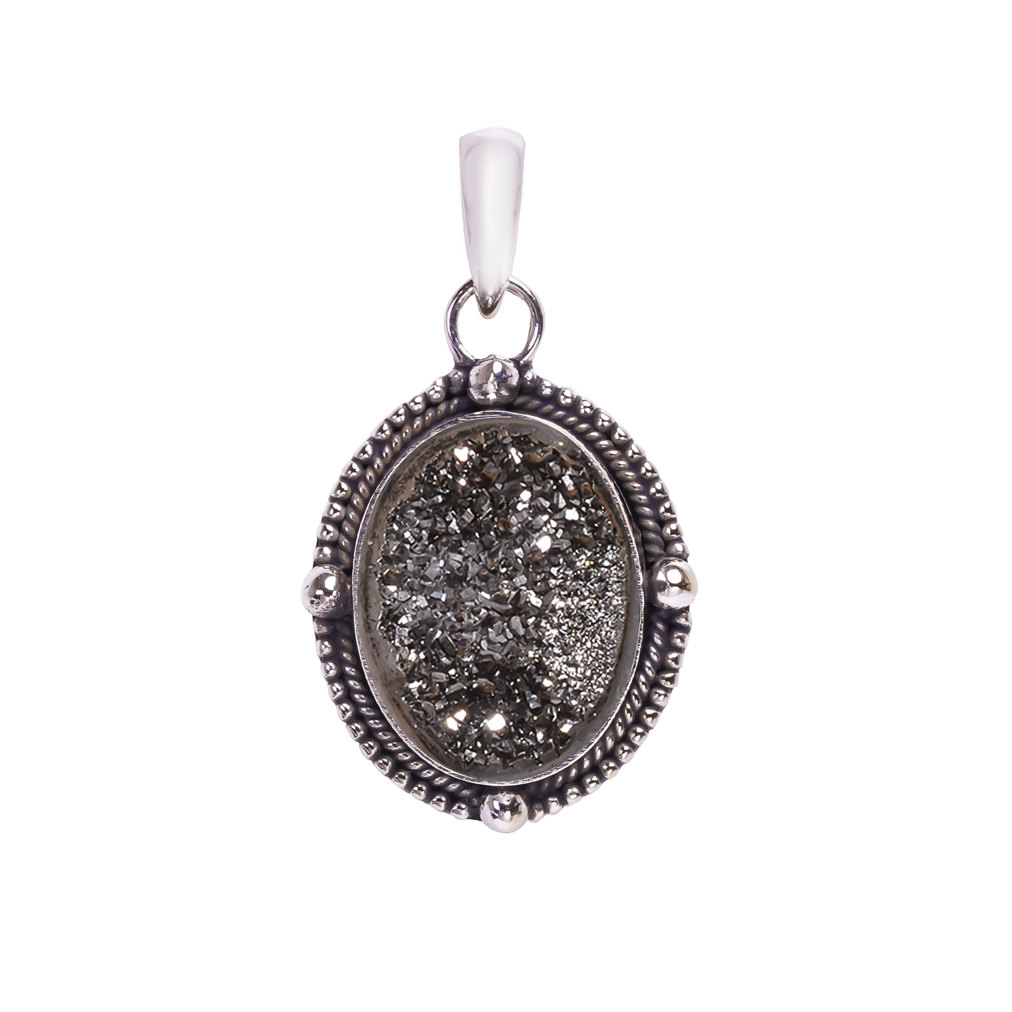 Black Titanium Agate Drusy 925 Solid Sterling Silver Pendant