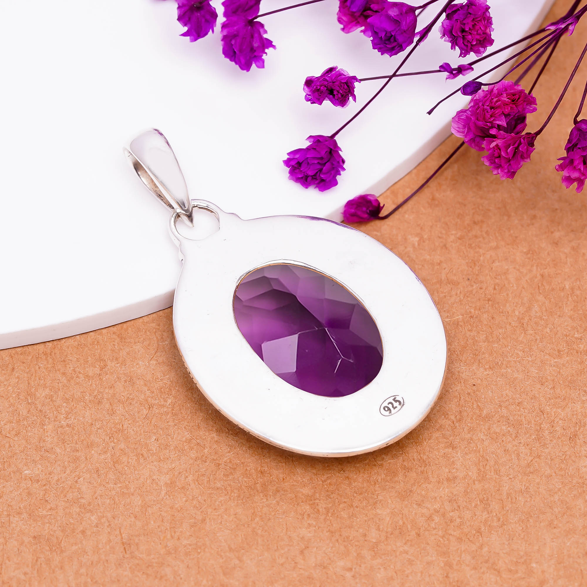 Purple Amethyst - Simulated 925 Solid Sterling Silver Pendant