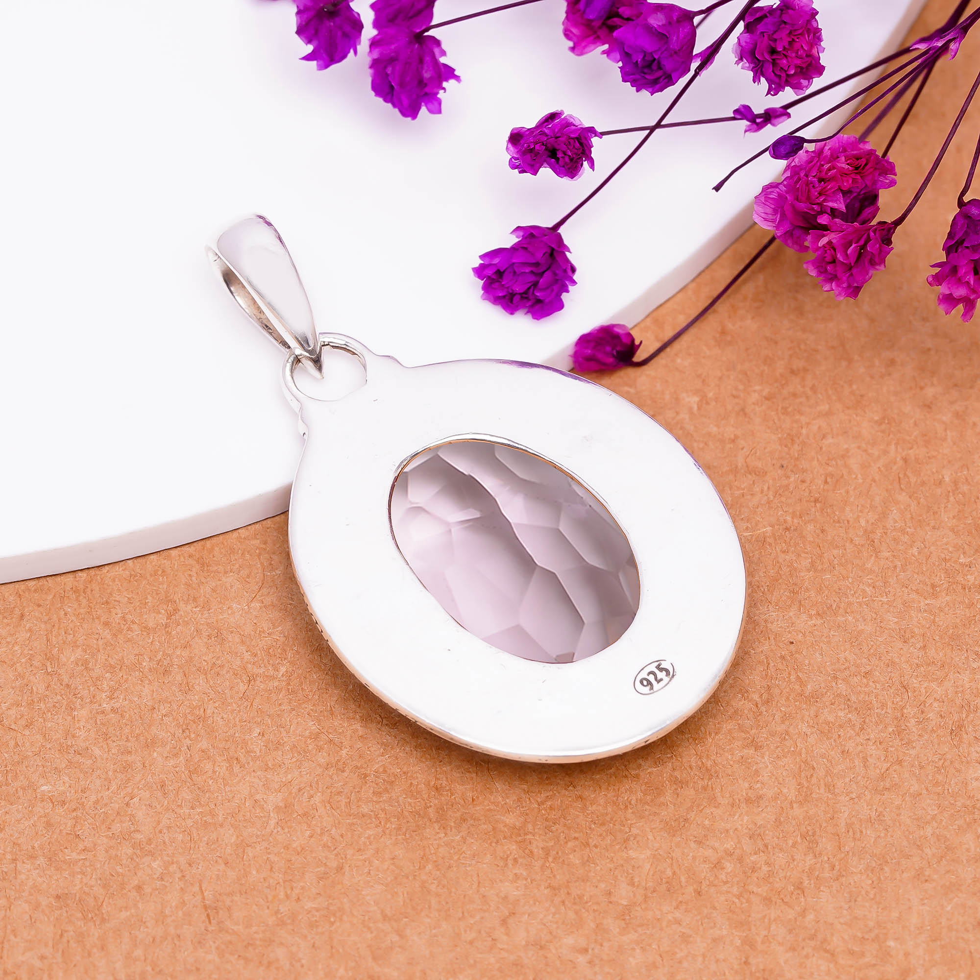 Pink Kunzite - Simulated 925 Solid Sterling Silver Pendant