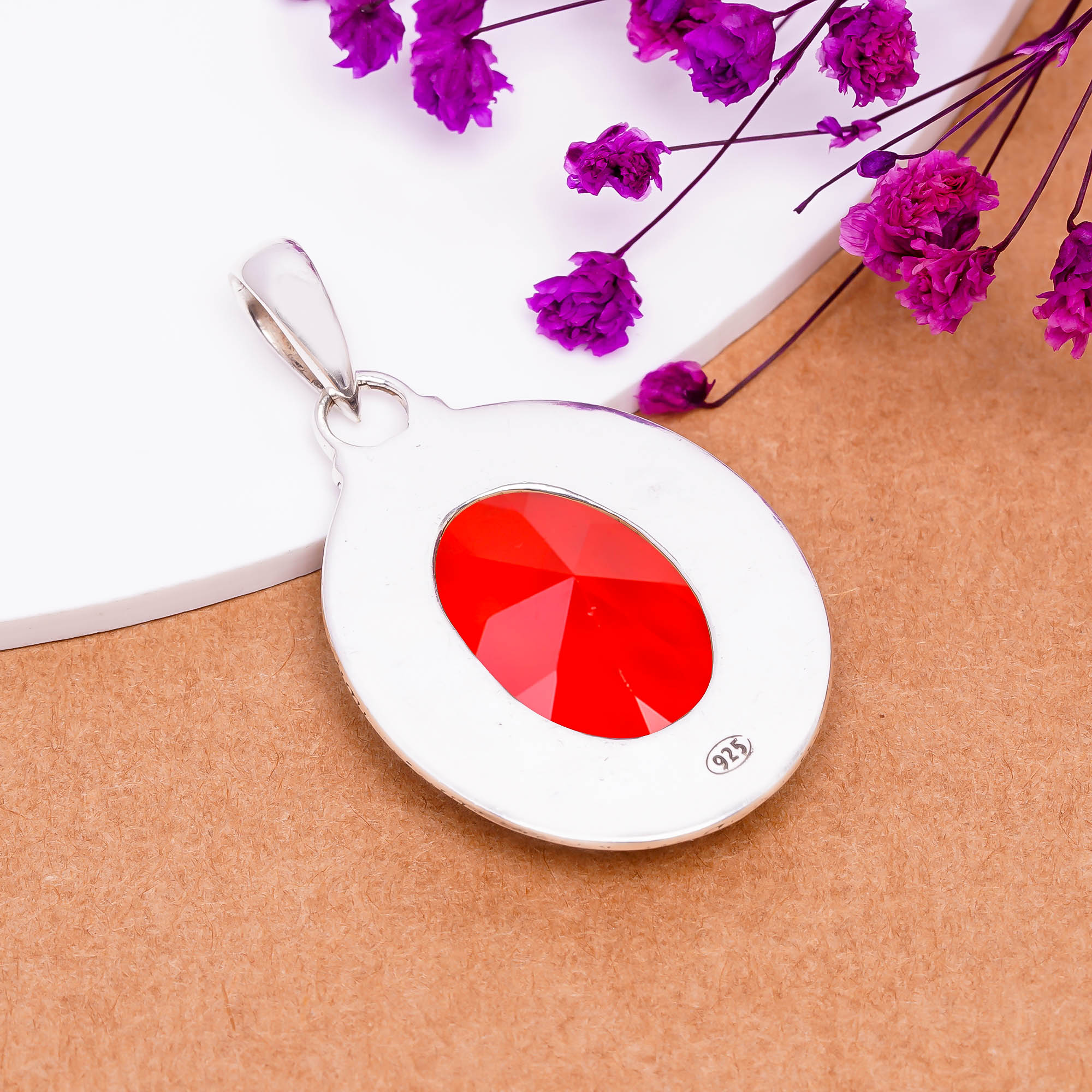 Red Garnet - Simulated 925 Solid Sterling Silver Pendant