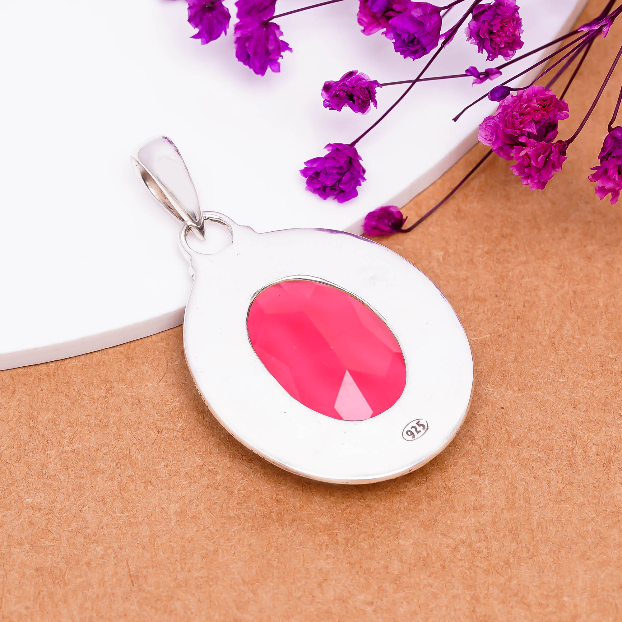 Pink Rubellite Tourmaline - Simulated 925 Solid Sterling Silver Pendant