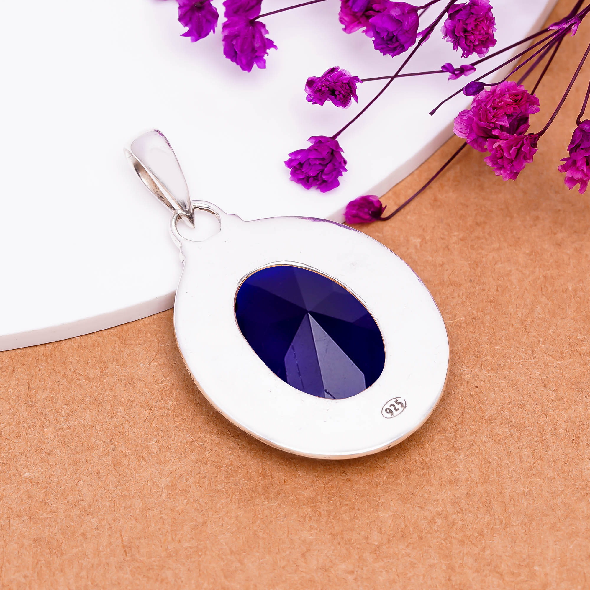 Blue Sapphire - Simulated 925 Solid Sterling Silver Pendant
