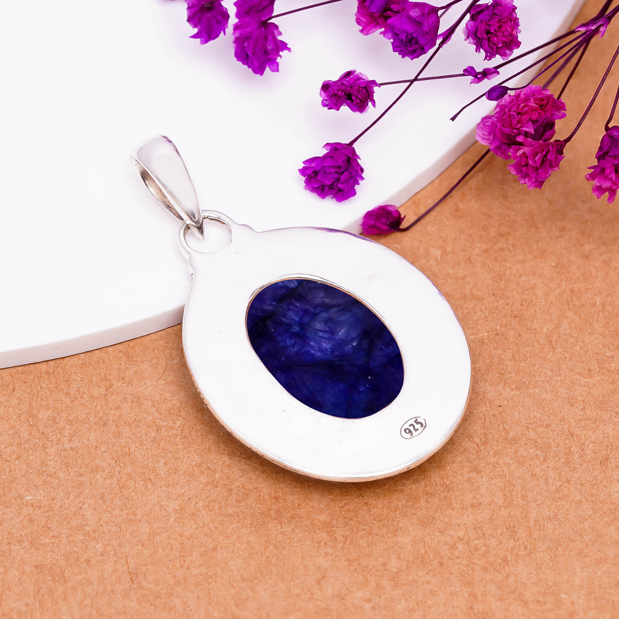 Blue Sapphire - Dyed Quartz 925 Solid Sterling Silver Pendant