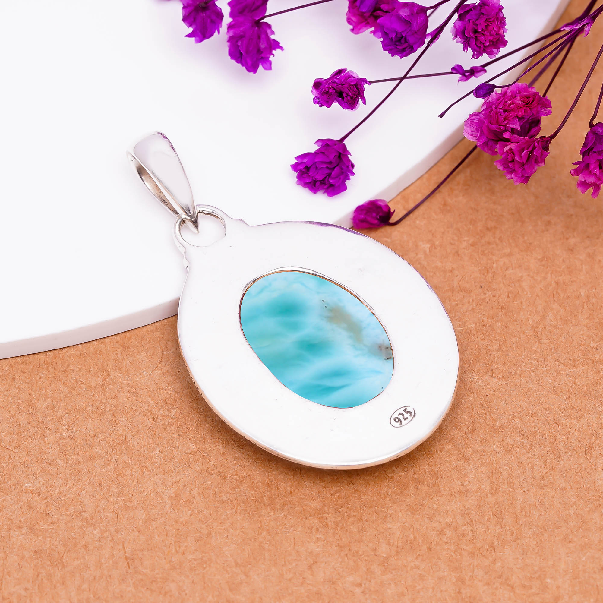 Natural Larimar / Pactolite - Dominican Republic 925 Solid Sterling Silver Pendant