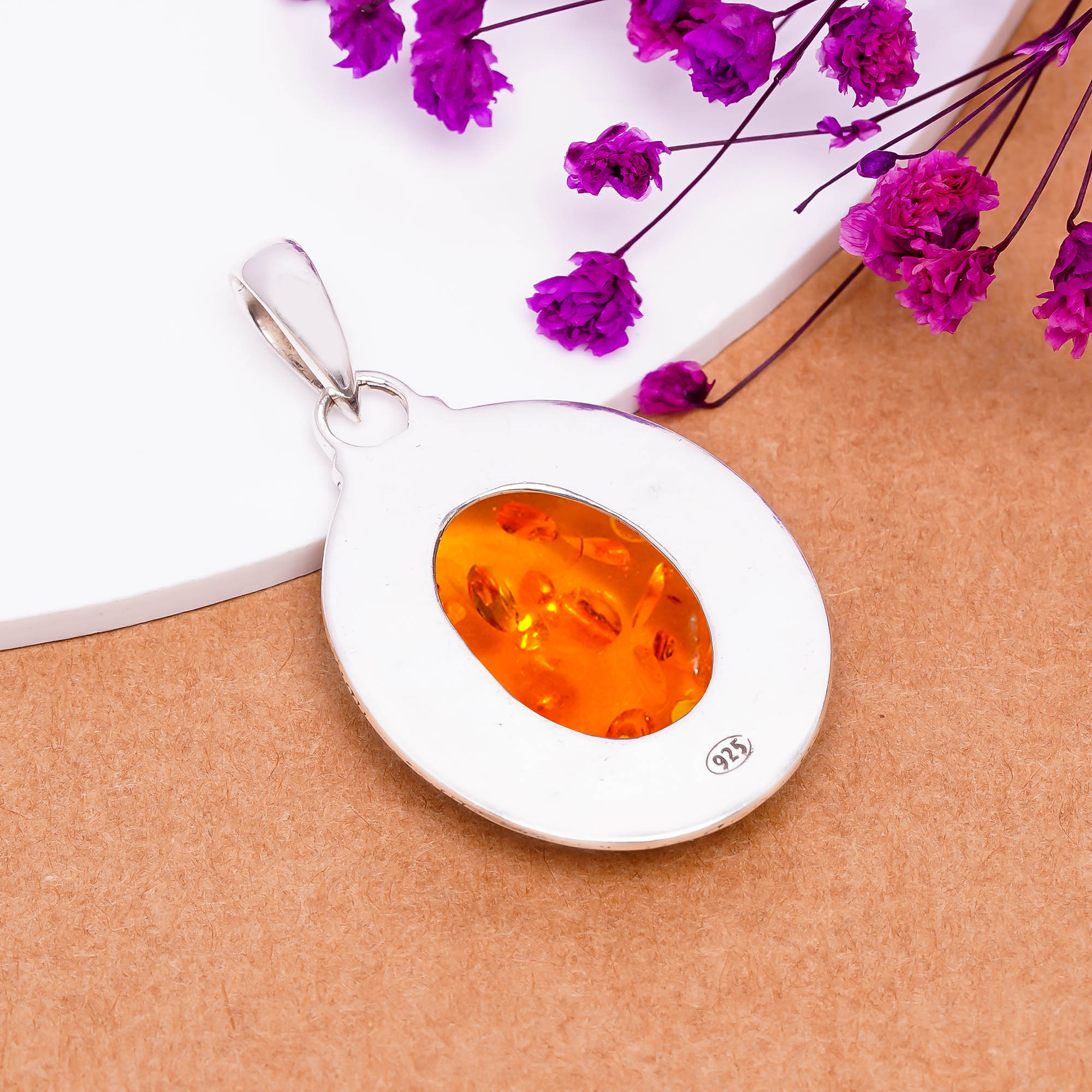 Amber - Simulated 925 Solid Sterling Silver Pendant