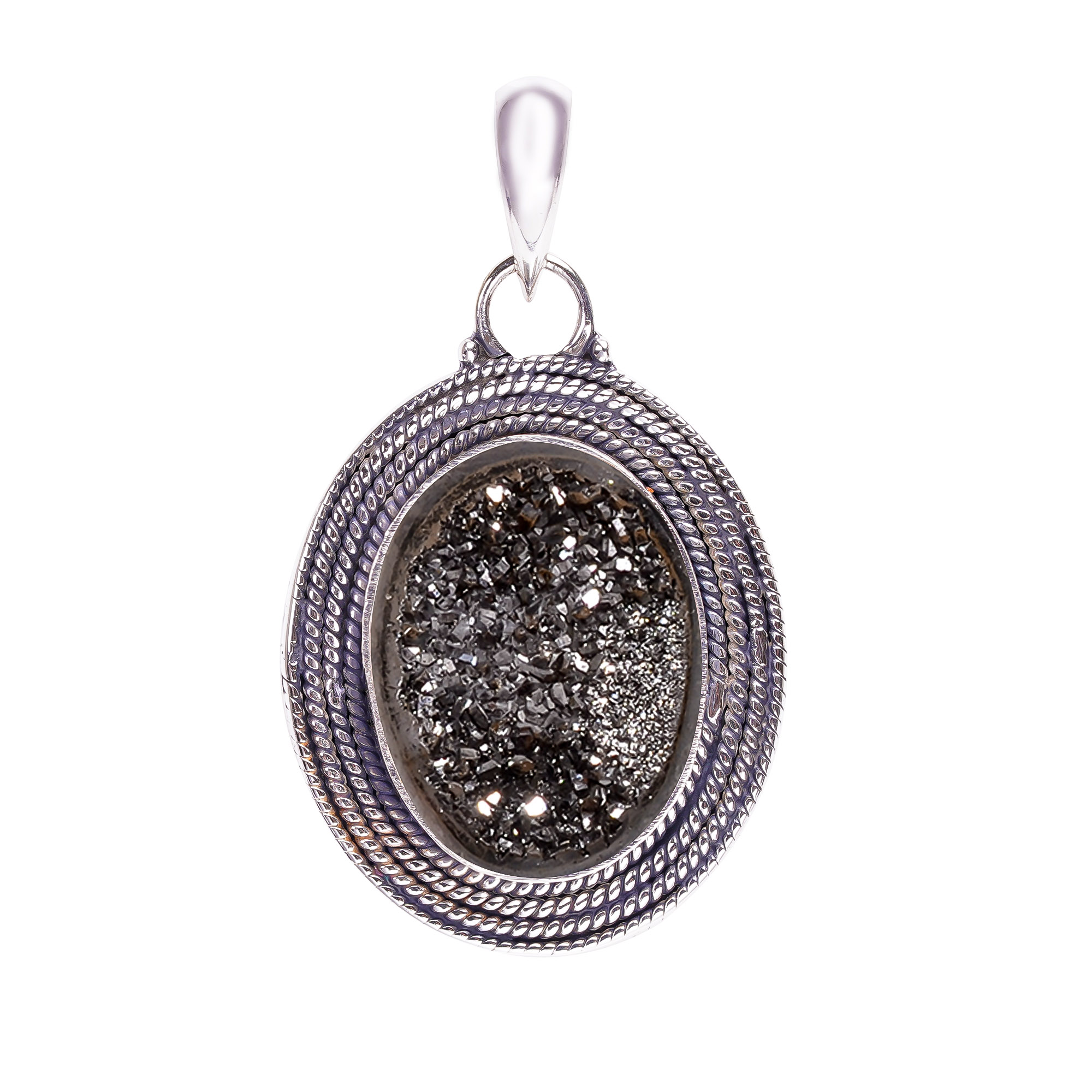 Black Titanium Agate Drusy 925 Solid Sterling Silver Pendant